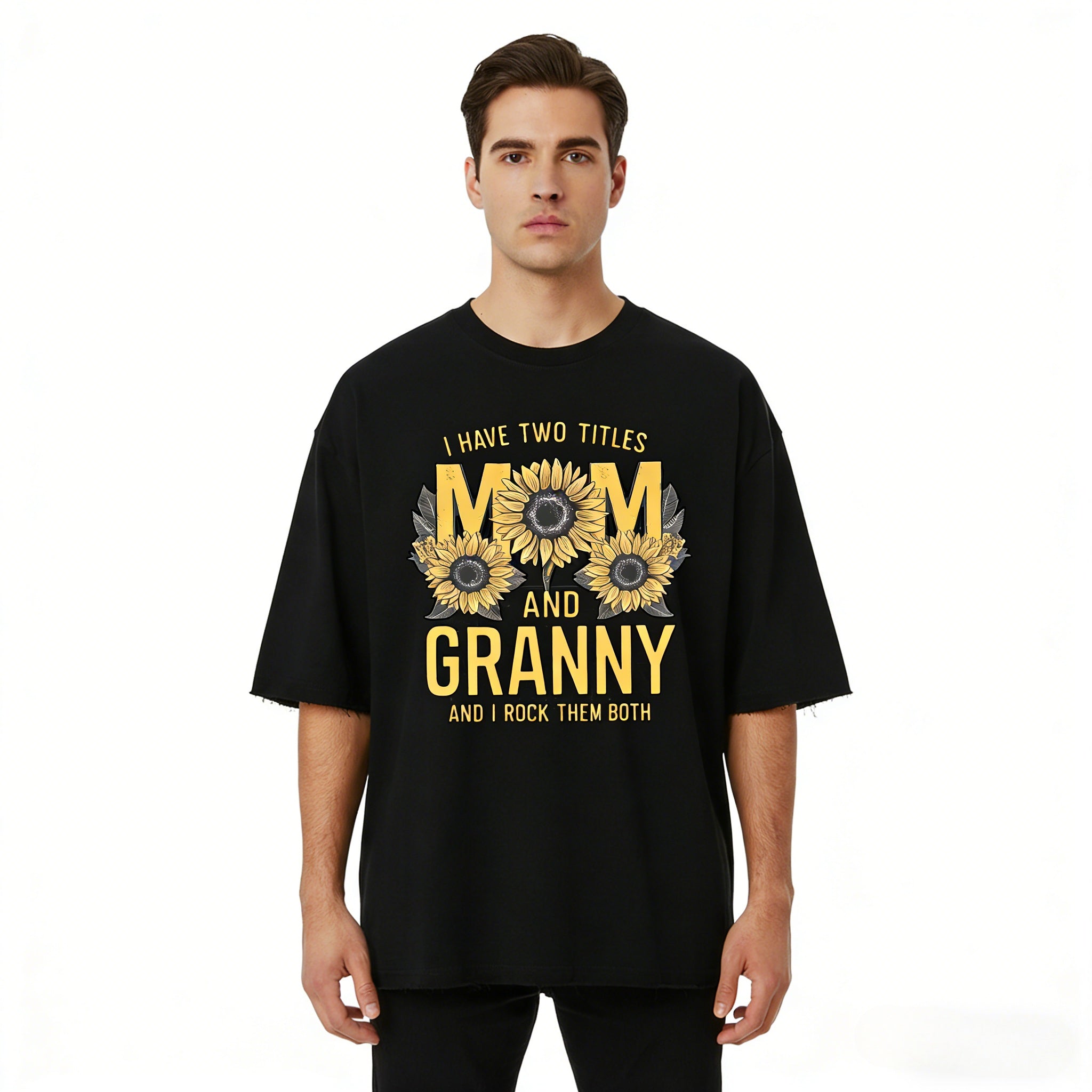 JEVPE men's oversized sunflower graphic T-shirt with vintage casual style, featuring "Mom & Granny" design on soft fabric.