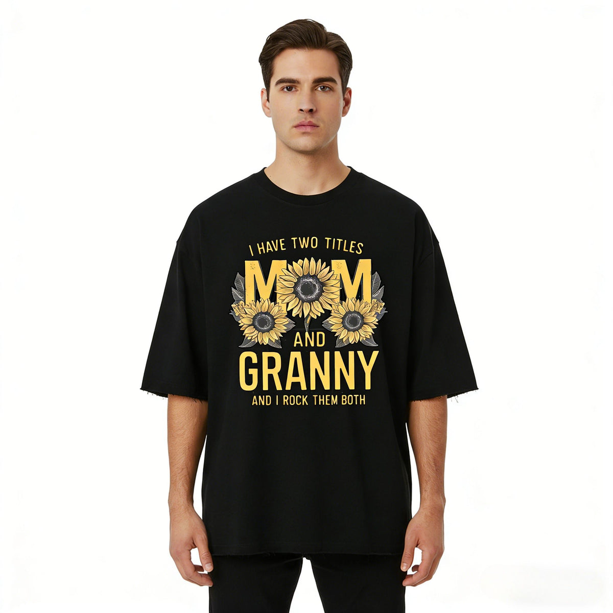 JEVPE men's oversized sunflower graphic T-shirt with vintage casual style, featuring "Mom & Granny" design on soft fabric.