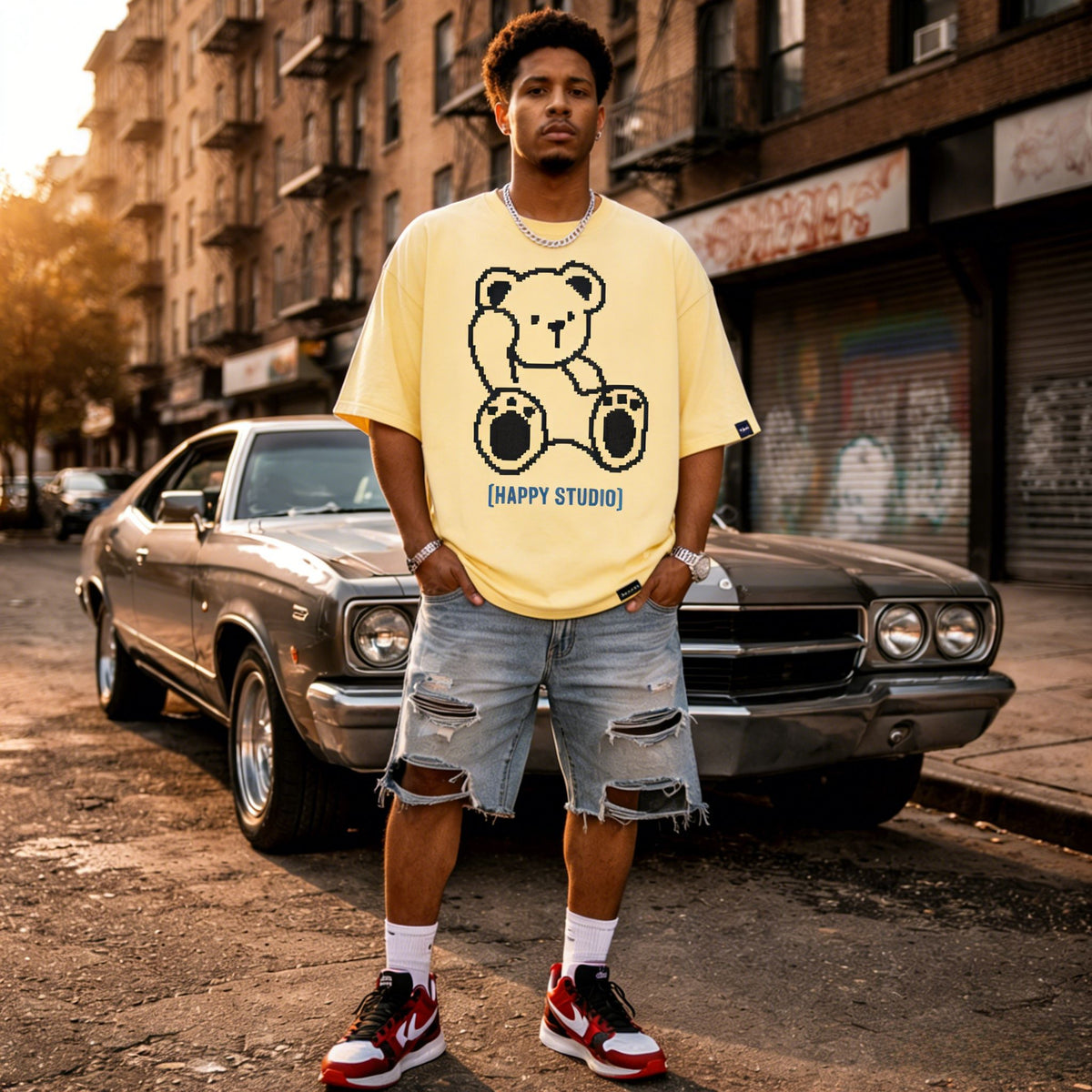 JEVPE black cat print casual beige short sleeve streetwear tee, featuring quirky feline design on lightweight fabric.