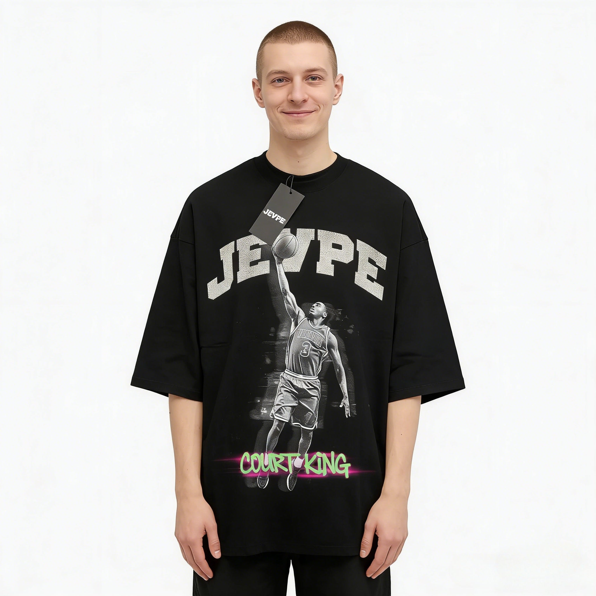 Black oversized JEVPE basketball graphic tee with "Court King" vintage streetwear design, featuring bold basketball imagery.