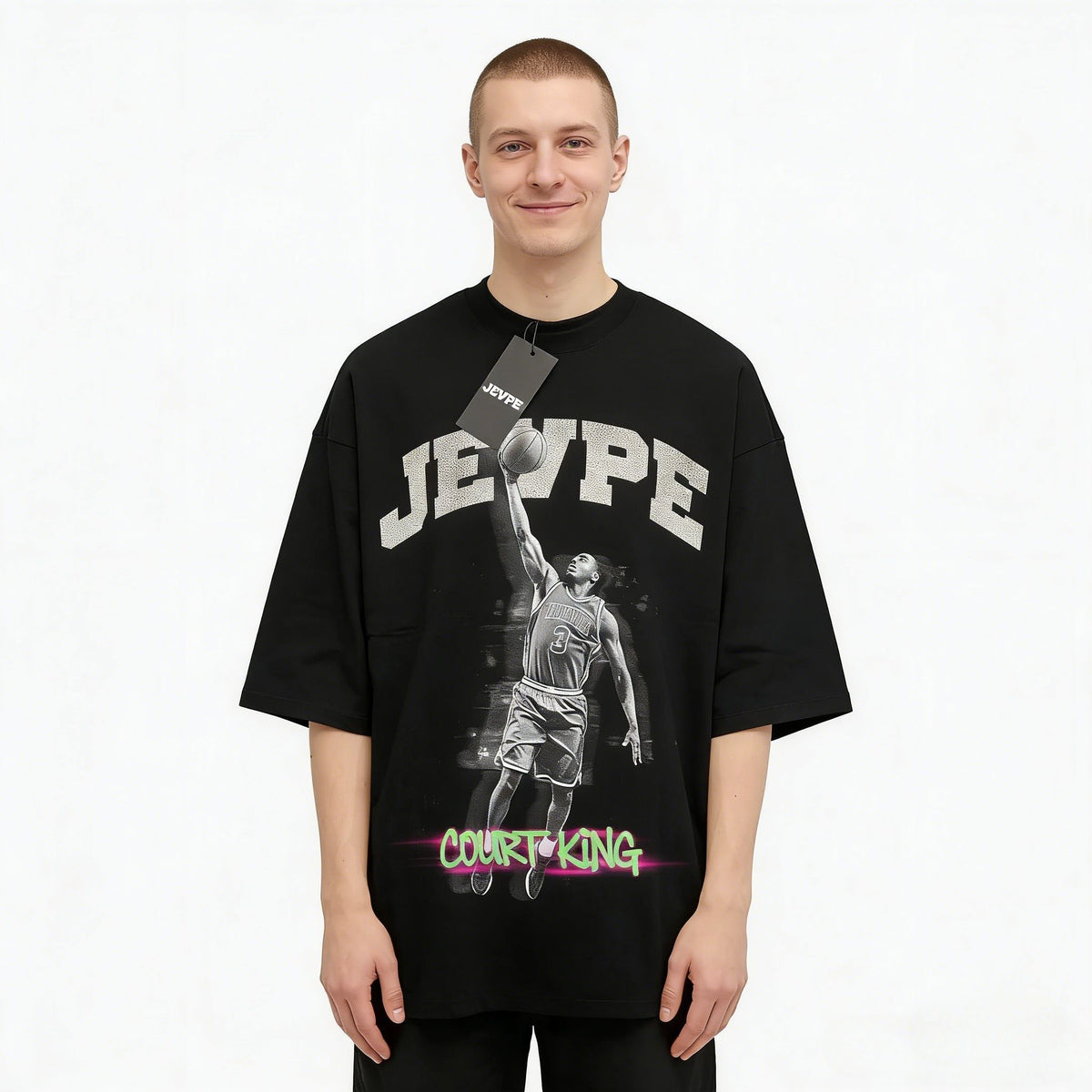 Black oversized JEVPE basketball graphic tee with "Court King" vintage streetwear design, featuring bold basketball imagery.