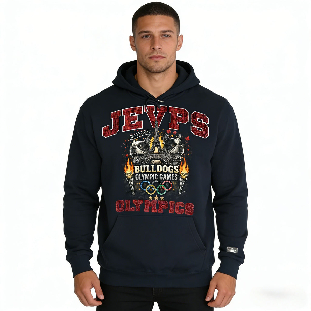 JEVPE men's oversized French Bulldog Olympic Games vintage streetwear hoodie, featuring bold graphic design and comfortable fit.