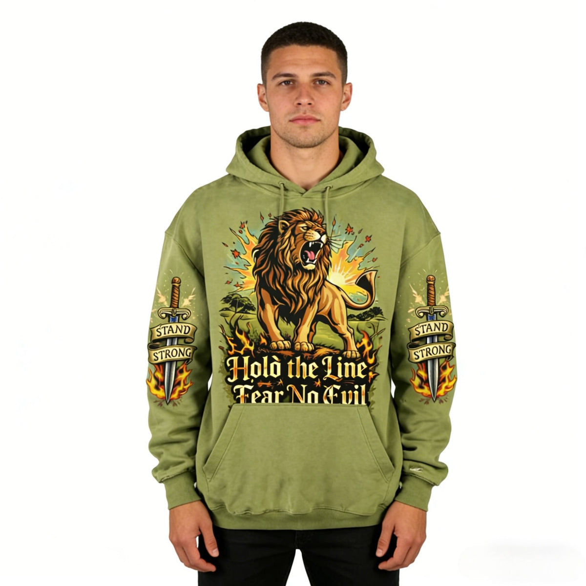 Men's oversized JEVPE hoodie with roaring lion graphic and "Hold The Line" text, vintage streetwear style.