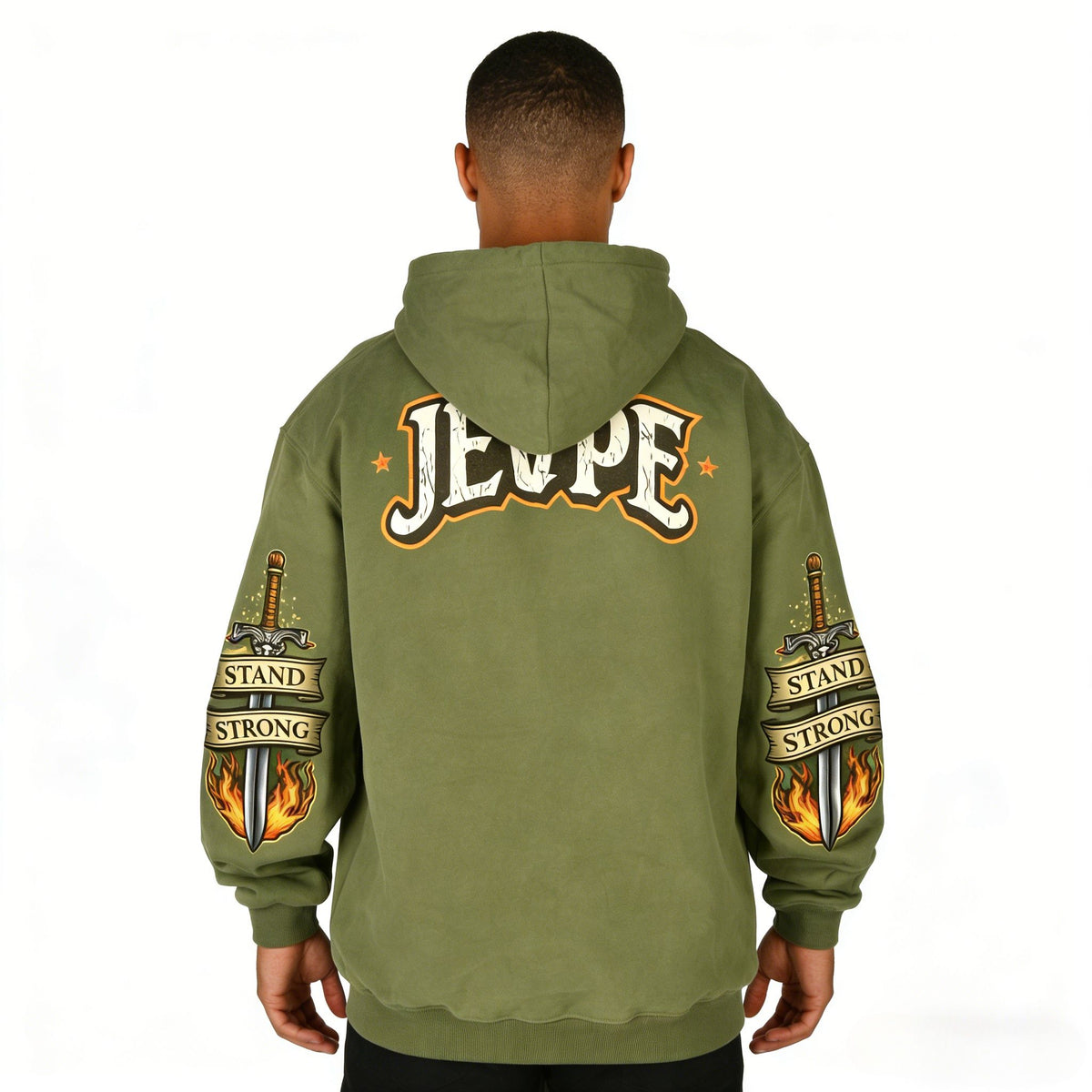 Men's oversized hoodie by JEVPE featuring a roaring lion graphic and "Hold The Line" vintage streetwear design.
