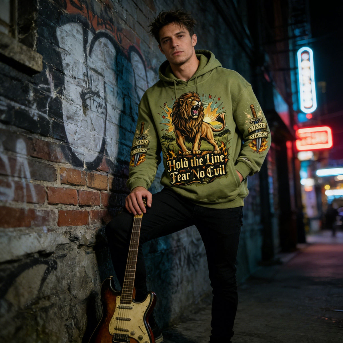 JEVPE men's oversized hoodie with roaring lion graphic, vintage streetwear style, featuring bold "Hold The Line" design on front.
