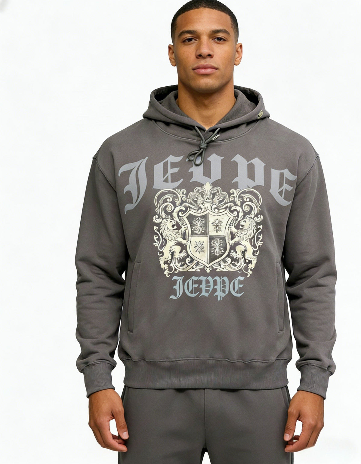 JEVPE vintage charcoal hoodie featuring a bold lion crest graphic, streetwear style, soft fabric, and casual fit.