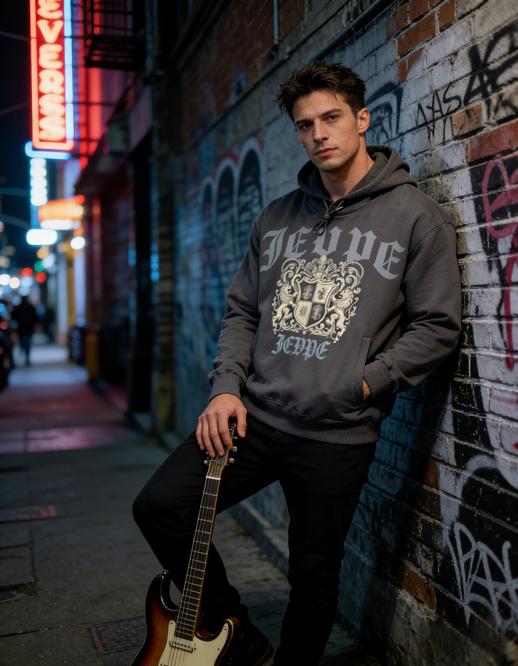 JEVPE premium vintage charcoal hoodie featuring a bold lion crest graphic, streetwear essential with comfortable fit and stylish design.