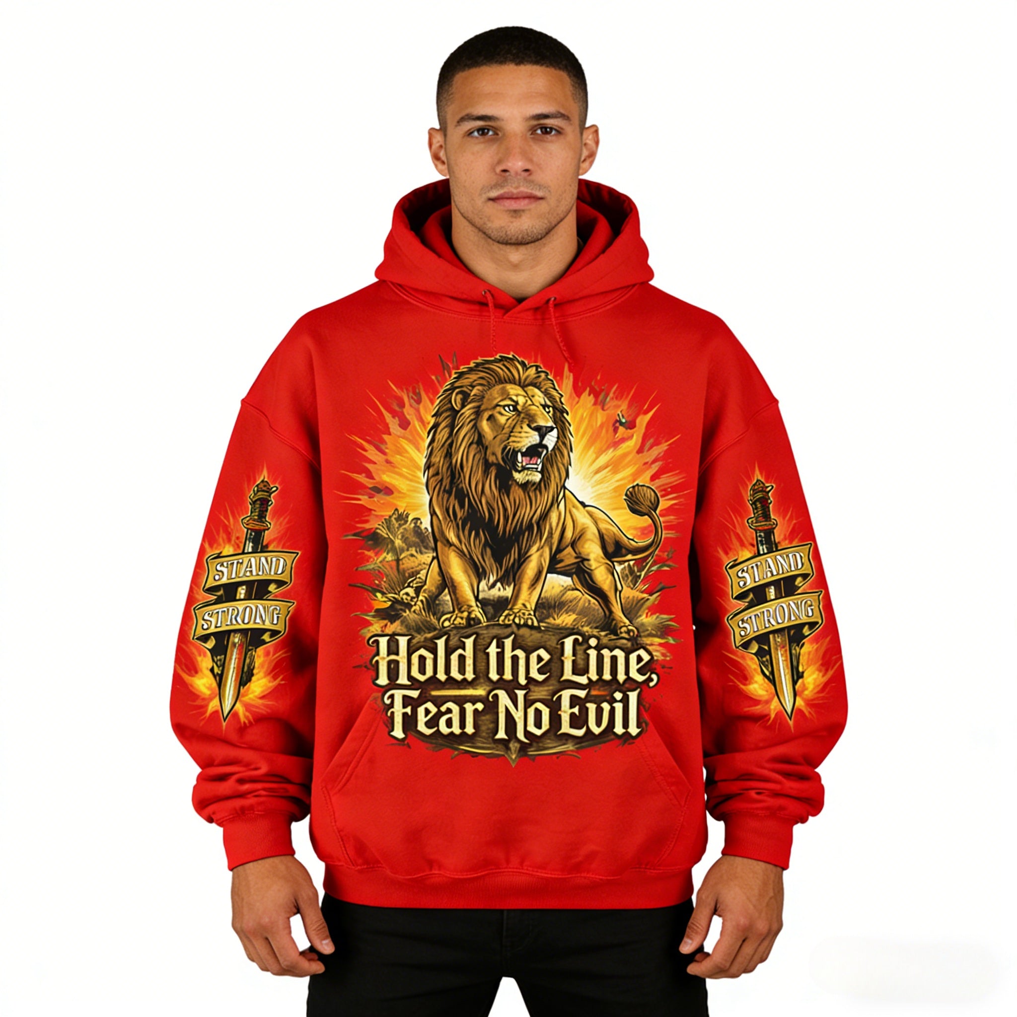 Men's oversized red hoodie by JEVPE featuring a roaring lion graphic and "Hold The Line" slogan, vintage streetwear style.