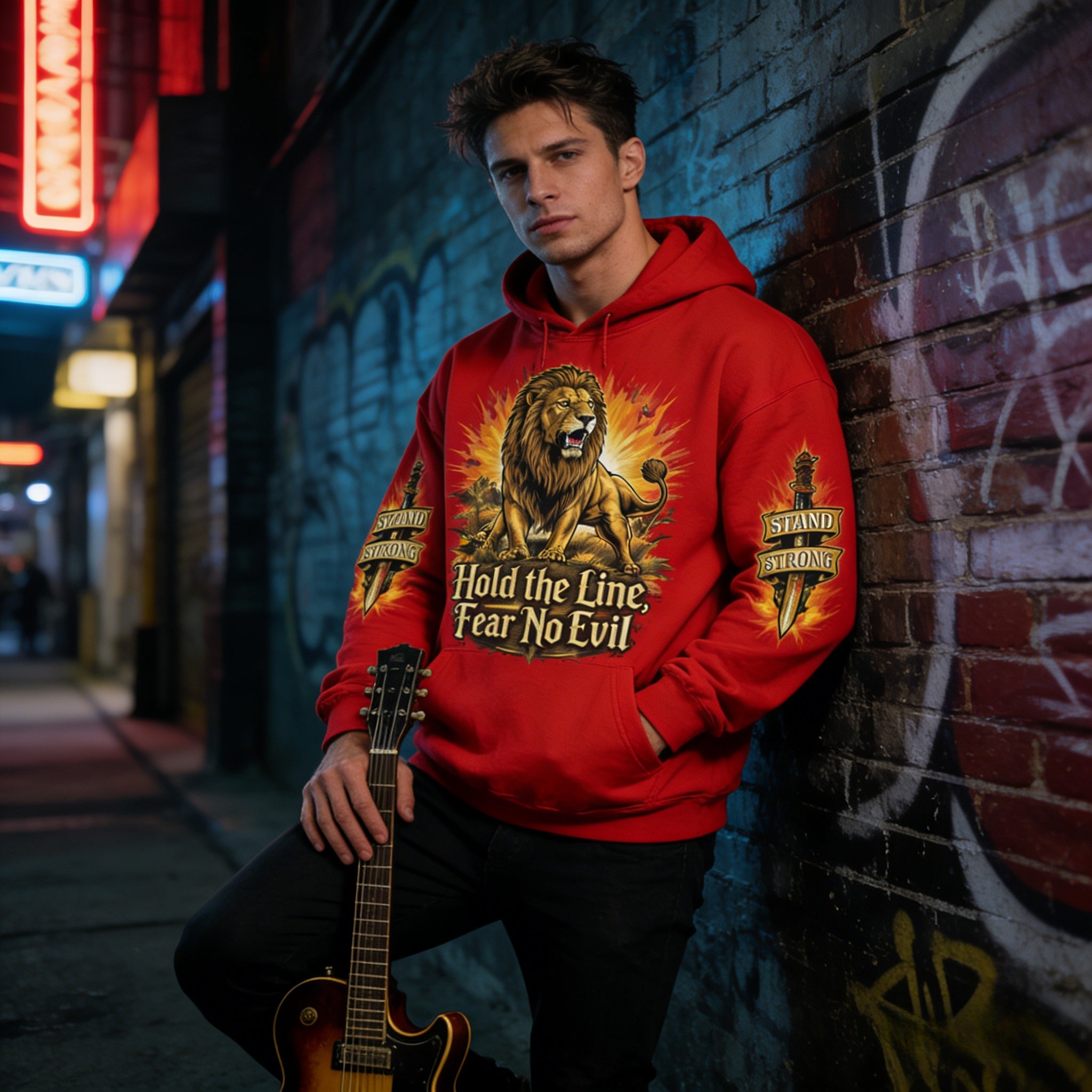 JEVPE men's oversized red hoodie with "Hold The Line" roaring lion graphic, vintage streetwear style, soft fabric and bold design