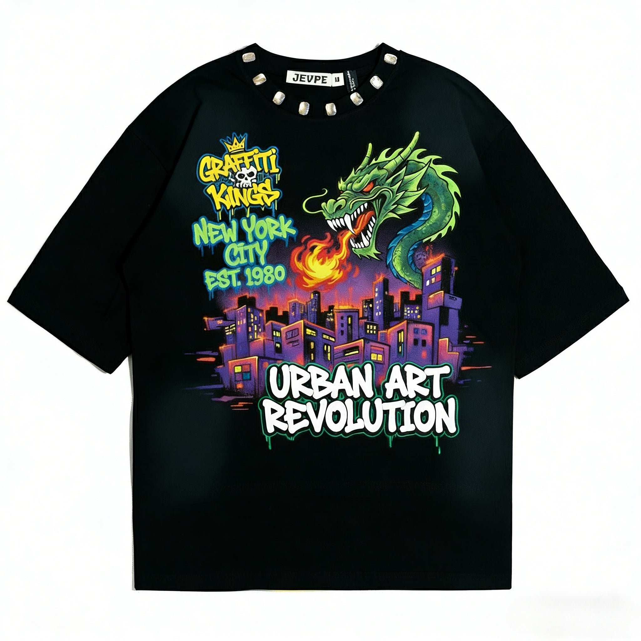 JEVPE New York vintage streetwear T-shirt with retro 80s graphic design, unisex cotton tee featuring urban art style.