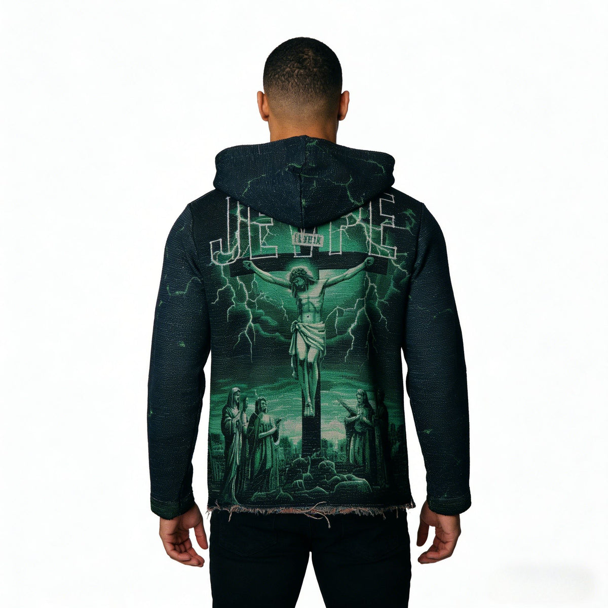 Green oversized hoodie featuring a Jesus crucifixion and lightning Gothic streetwear design by JEVPE.