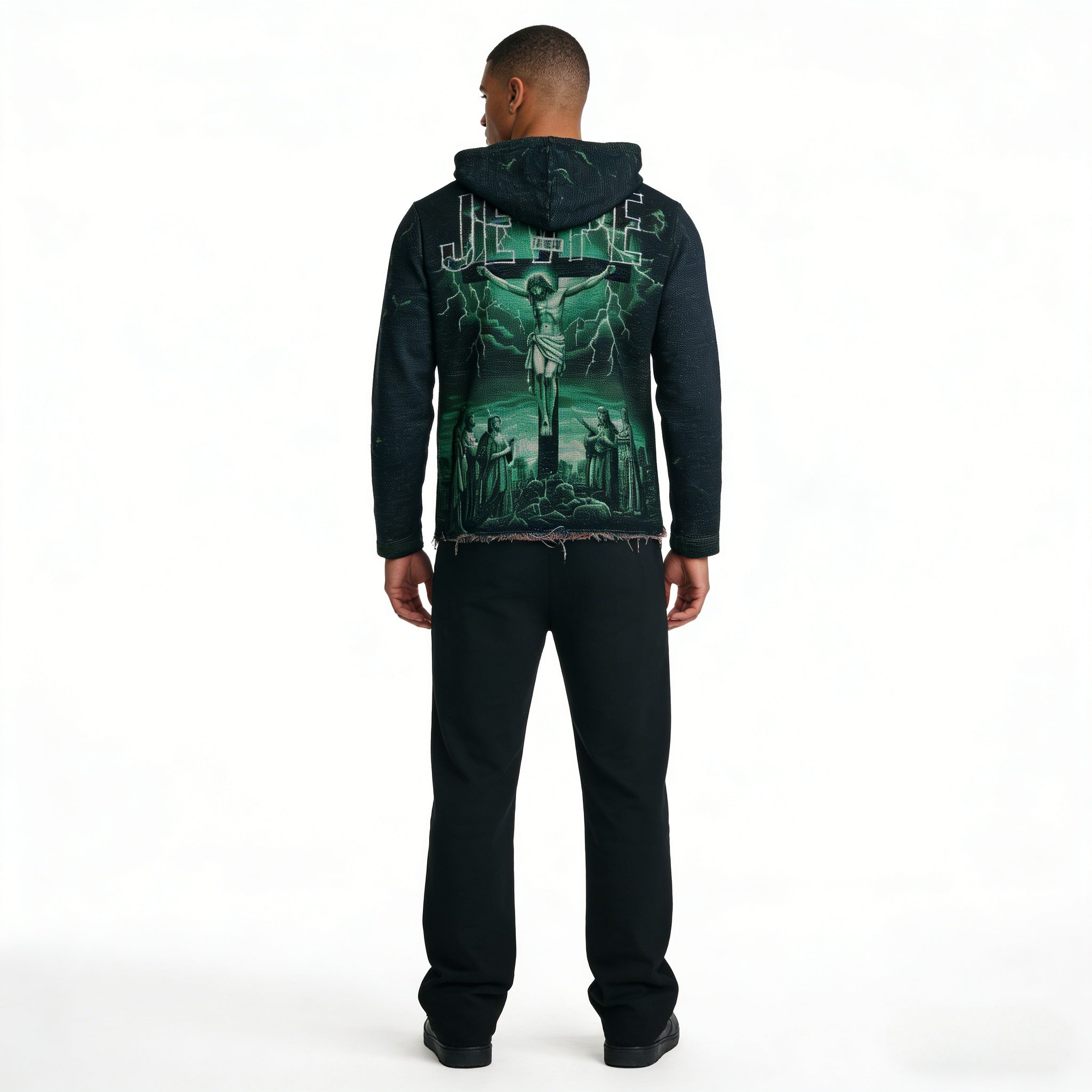 Green Gothic streetwear hoodie featuring an oversized Jesus crucifixion tapestry design by JEVPE with lightning details.