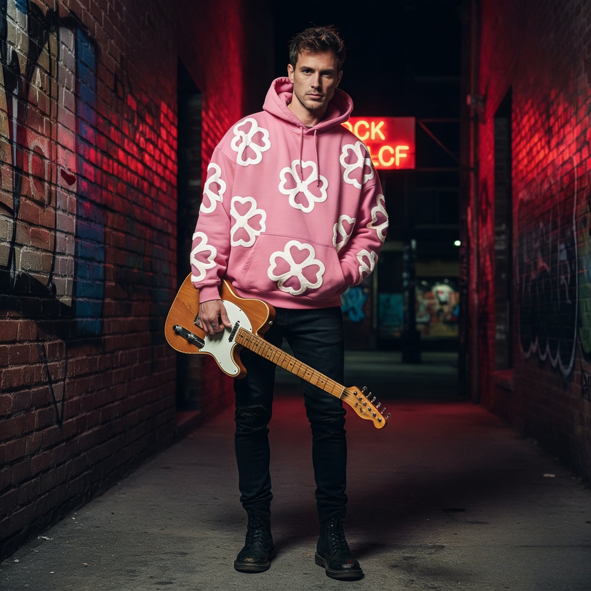 JEVPE unisex oversized pink hoodie with heart and clover appliqué, made of soft terry cloth fabric, casual and cozy style.