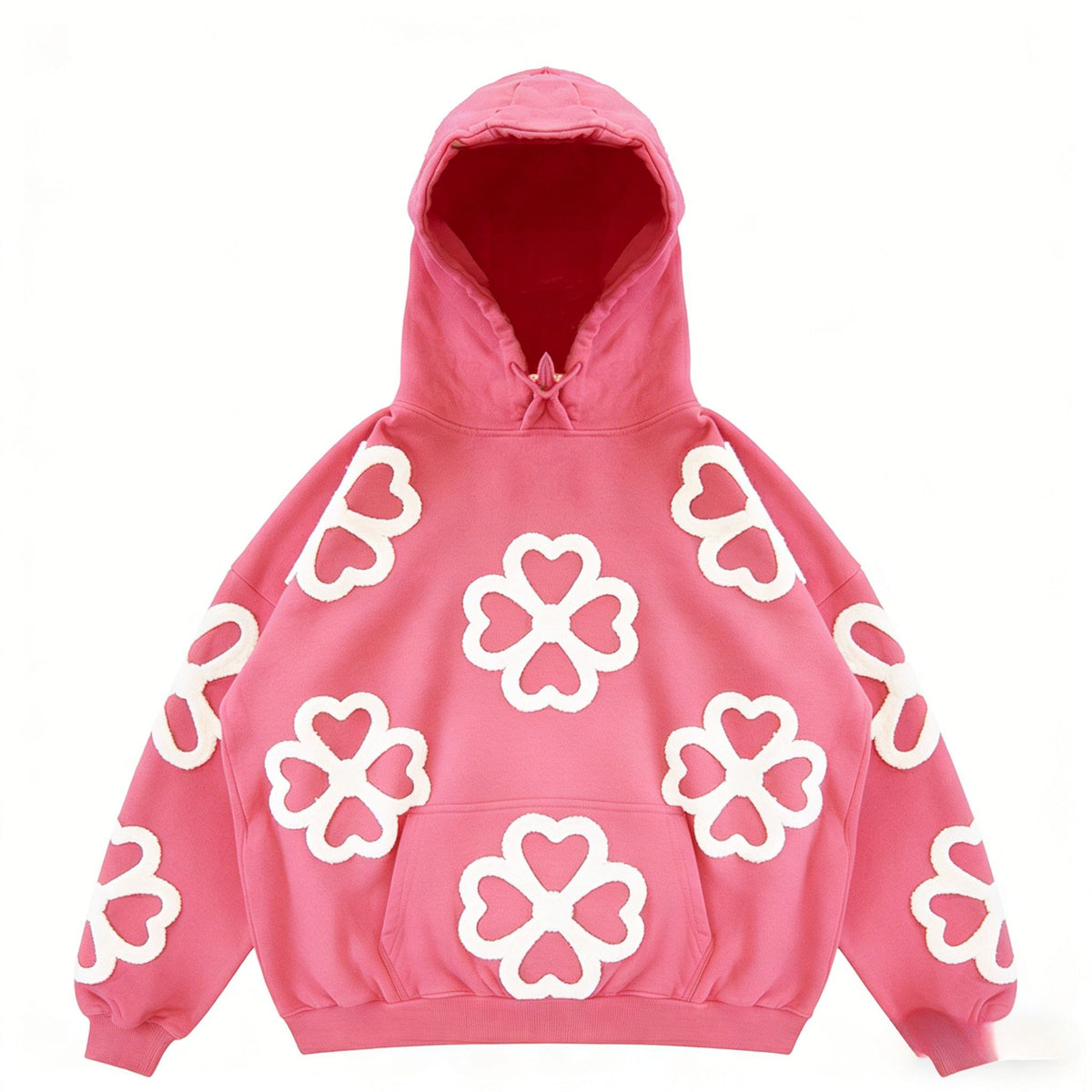 Unisex oversized pink hoodie with heart and clover appliqué, made from soft terry cloth by JEVPE.
