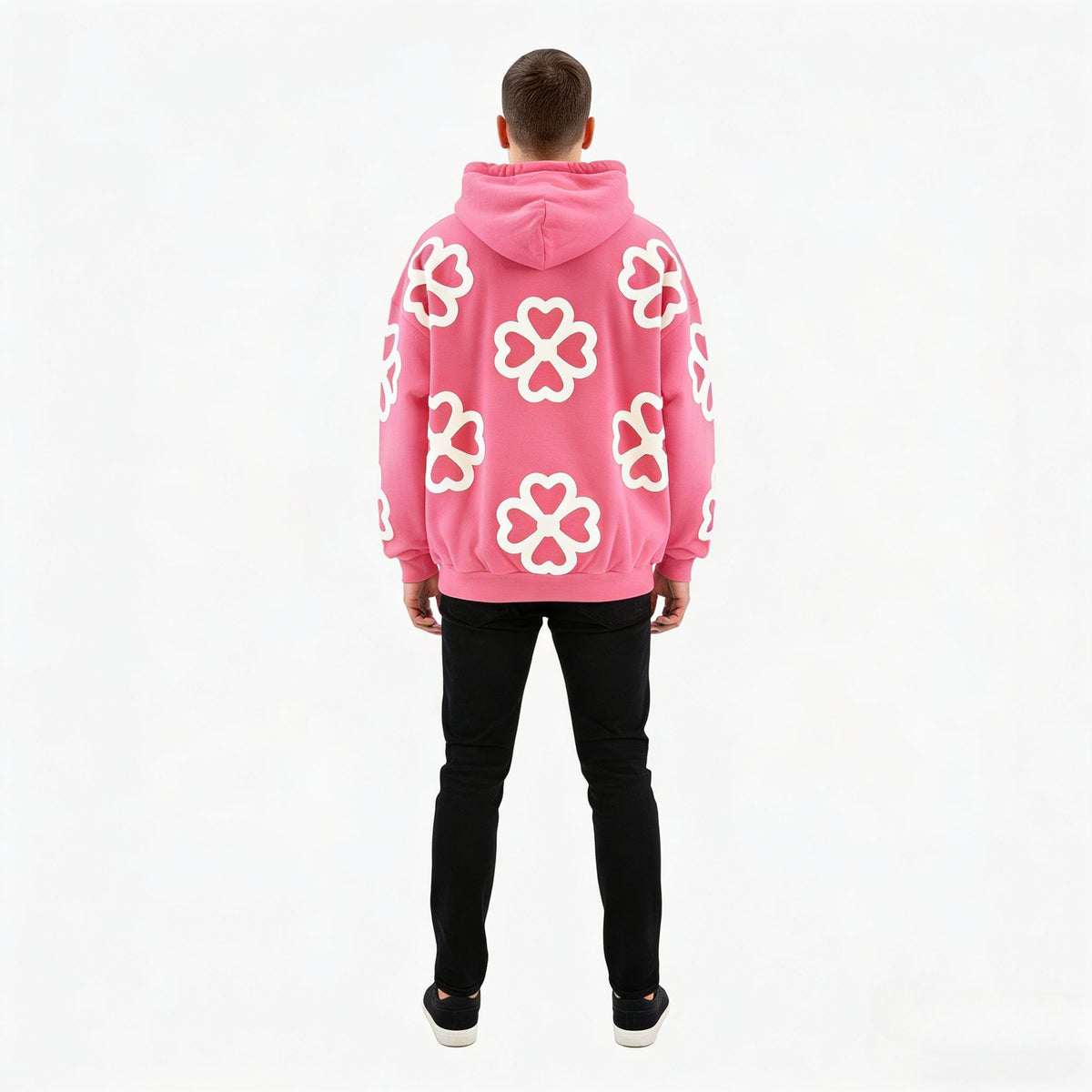 Unisex oversized pink hoodie with heart and clover appliqué, made of terry cloth, from JEVPE.