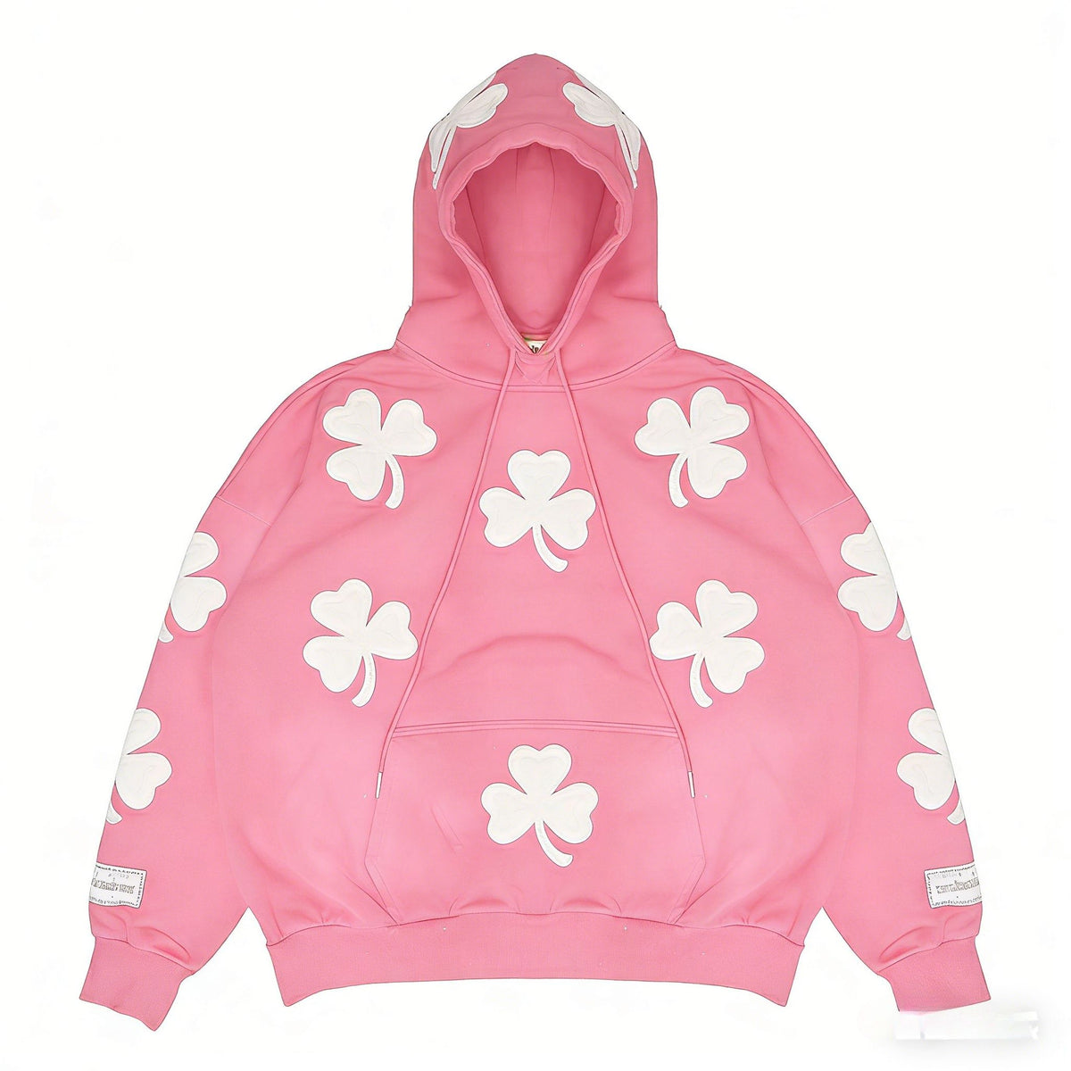 Pink oversized hoodie for men and women with 3-leaf clover appliqué, vintage streetwear style by JEVPE.