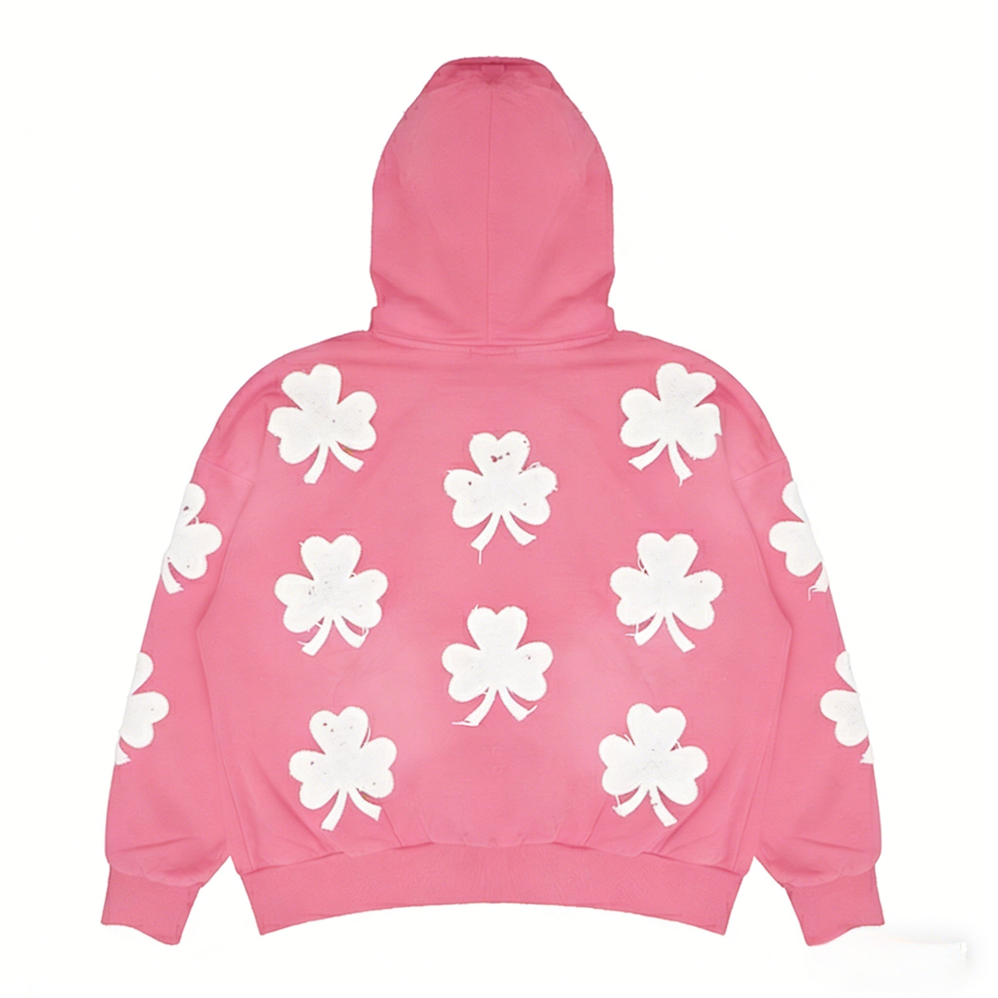 Unisex oversized pink hoodie by JEVPE with a 3-leaf clover appliqué, vintage streetwear style, soft fabric and relaxed fit.