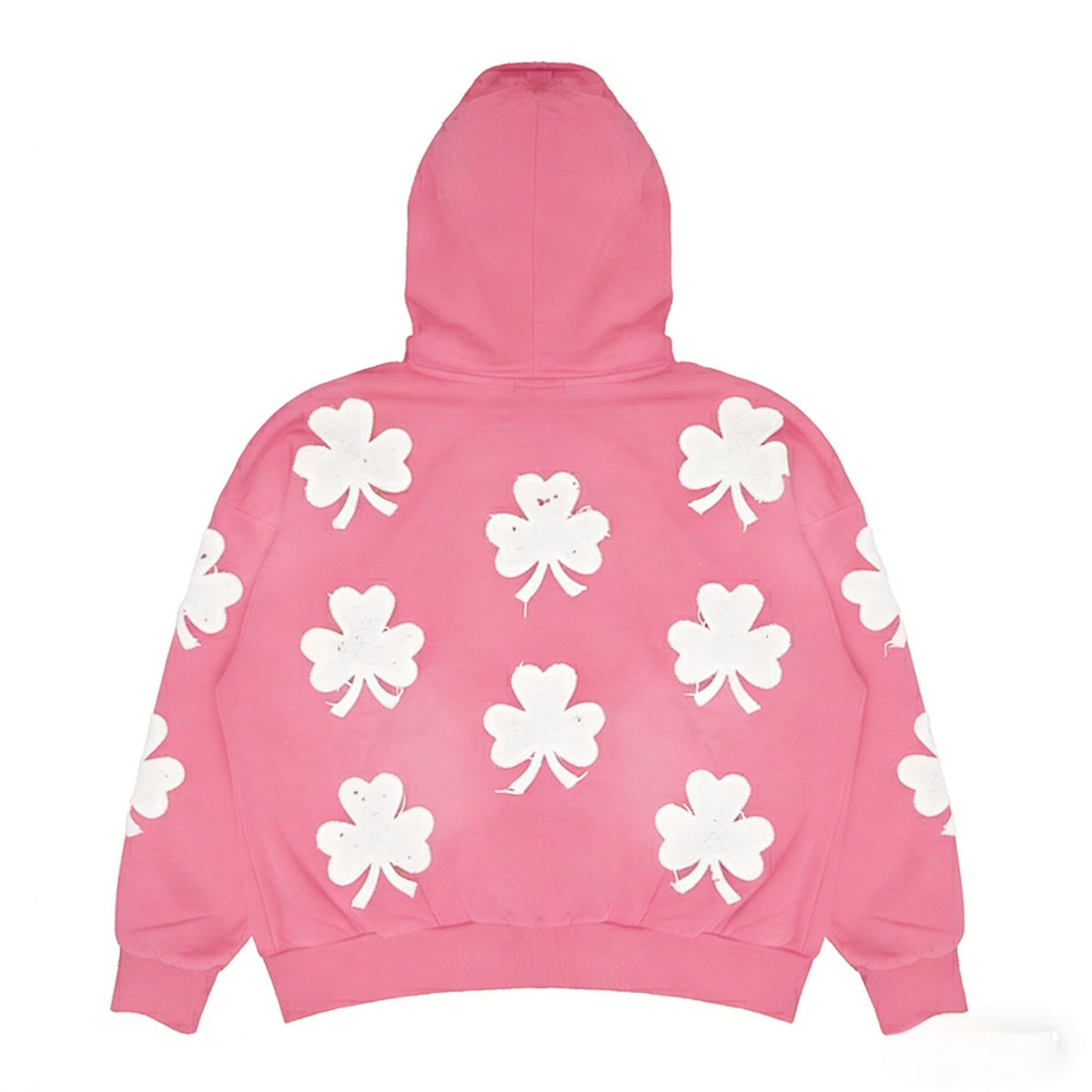Unisex oversized pink hoodie by JEVPE with a 3-leaf clover appliqué, vintage streetwear style, soft fabric and relaxed fit.