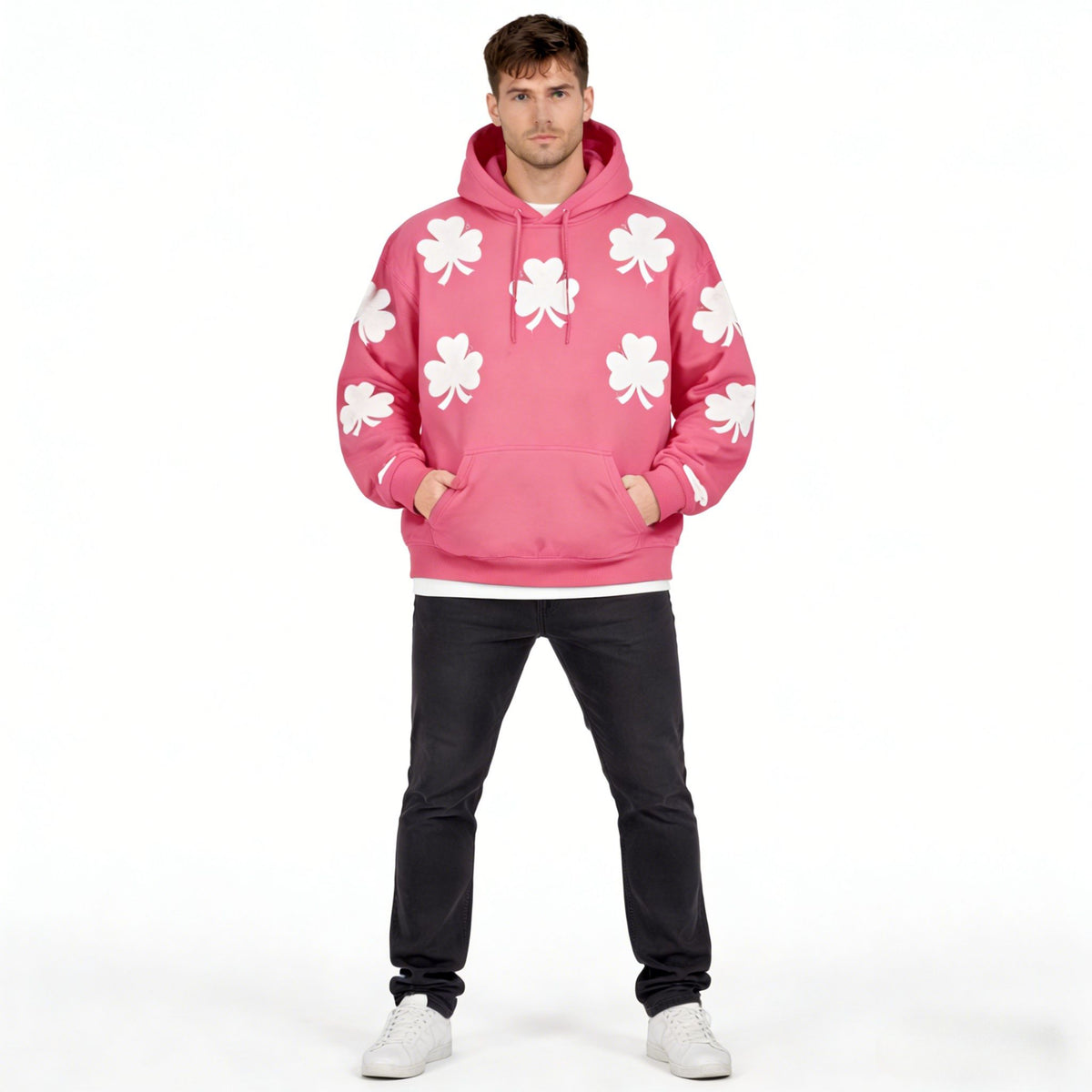 Pink oversized hoodie by JEVPE featuring green 3-leaf clover appliqué, casual vintage streetwear style with a relaxed fit.