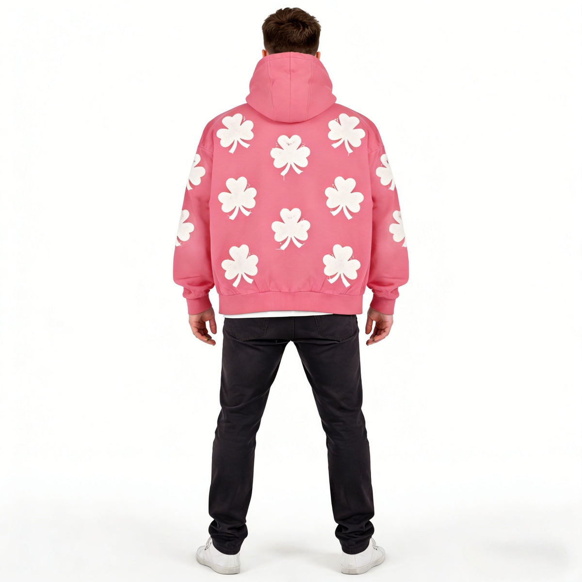 Pink oversized hoodie by JEVPE featuring a 3-leaf clover appliqué, vintage streetwear style, with a relaxed fit and casual design.