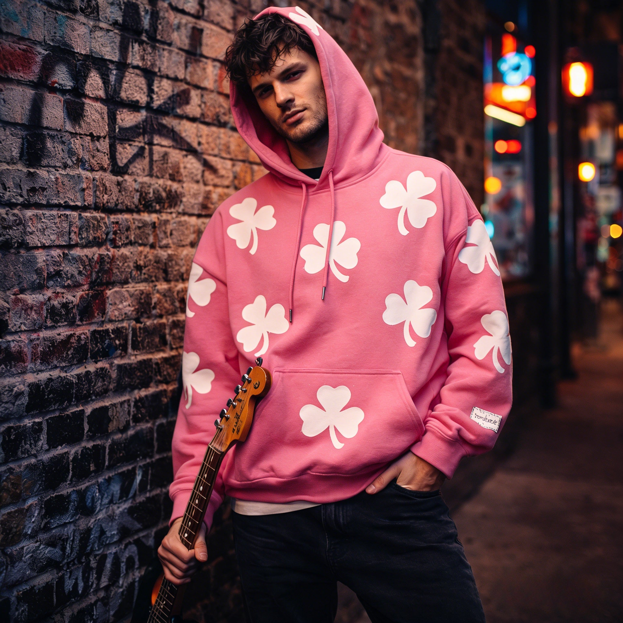 Unisex oversized pink hoodie with 3-leaf clover appliqué, vintage streetwear style by JEVPE, featuring a relaxed fit and graphic design.