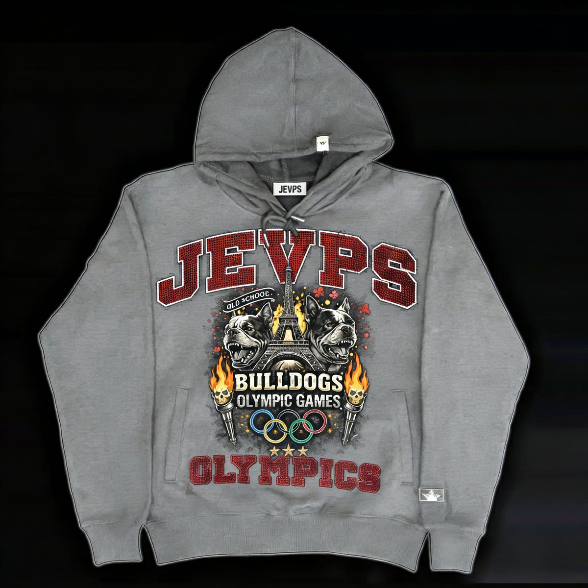 Gray oversized French Bulldog hoodie by JEVPE featuring vintage Olympic Games streetwear style, casual and comfortable.