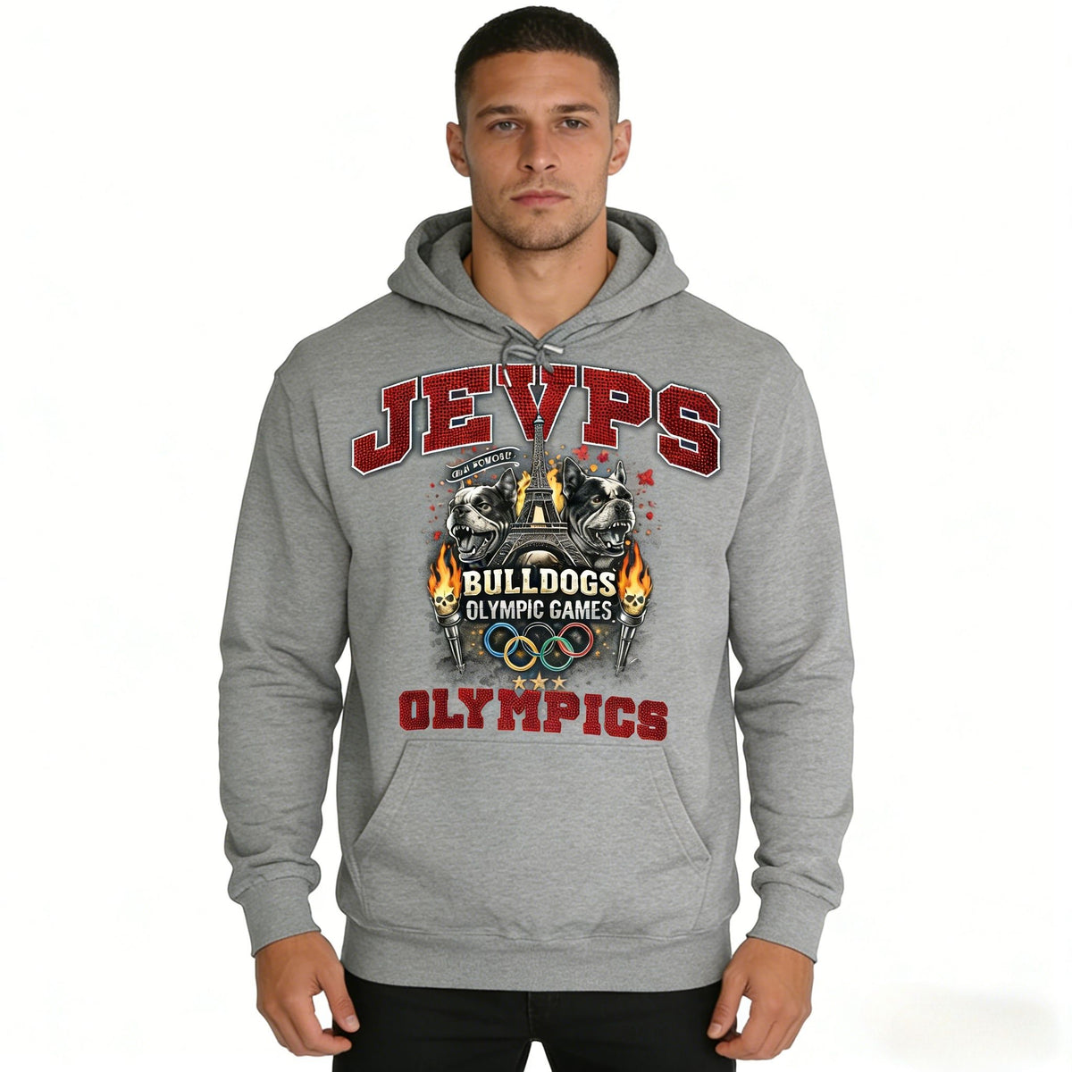 Gray oversized men's hoodie by JEVPE featuring a vintage French Bulldog Olympic Games streetwear design.