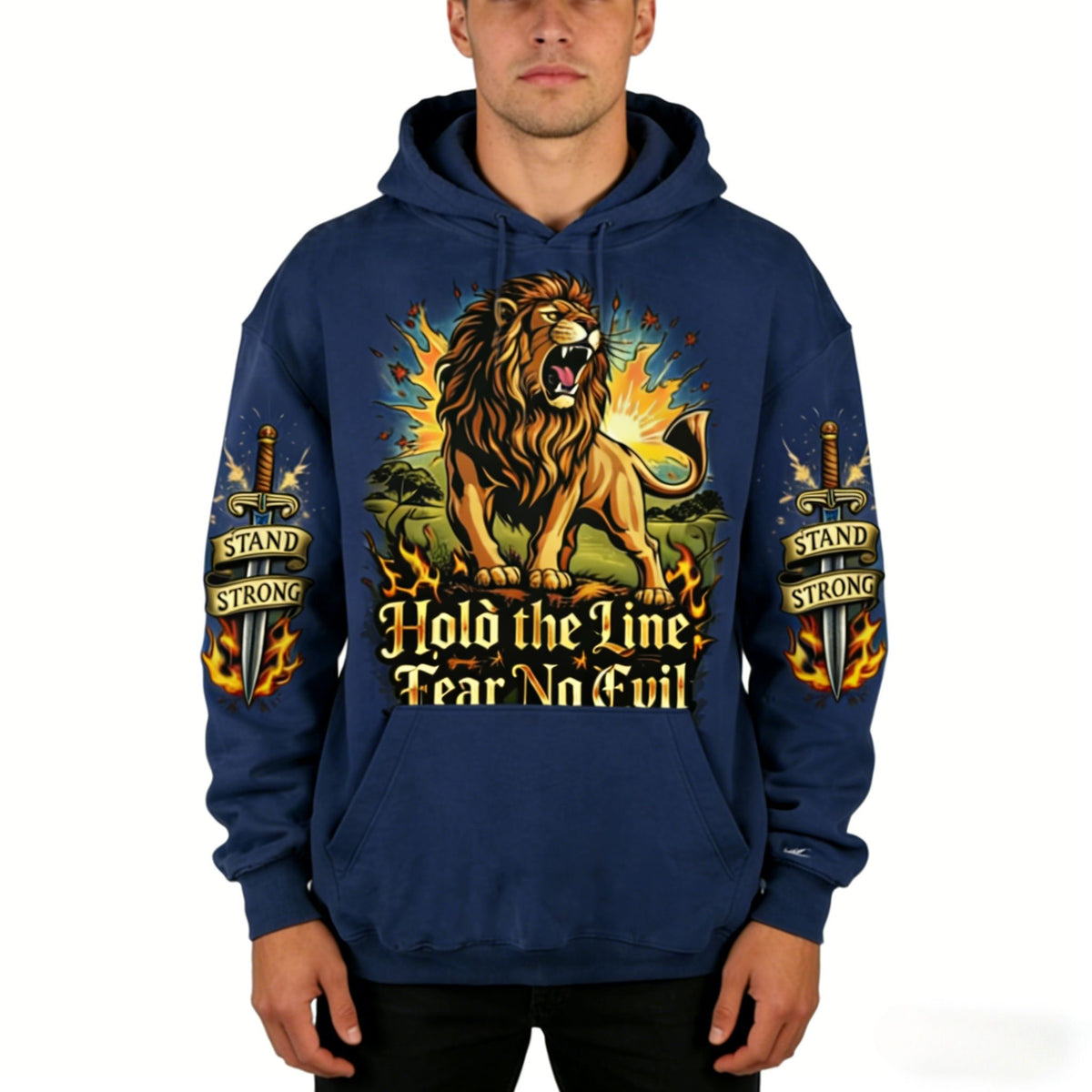 Men's oversized navy hoodie by JEVPE featuring a roaring lion graphic and "Hold The Line" text, casual streetwear style.