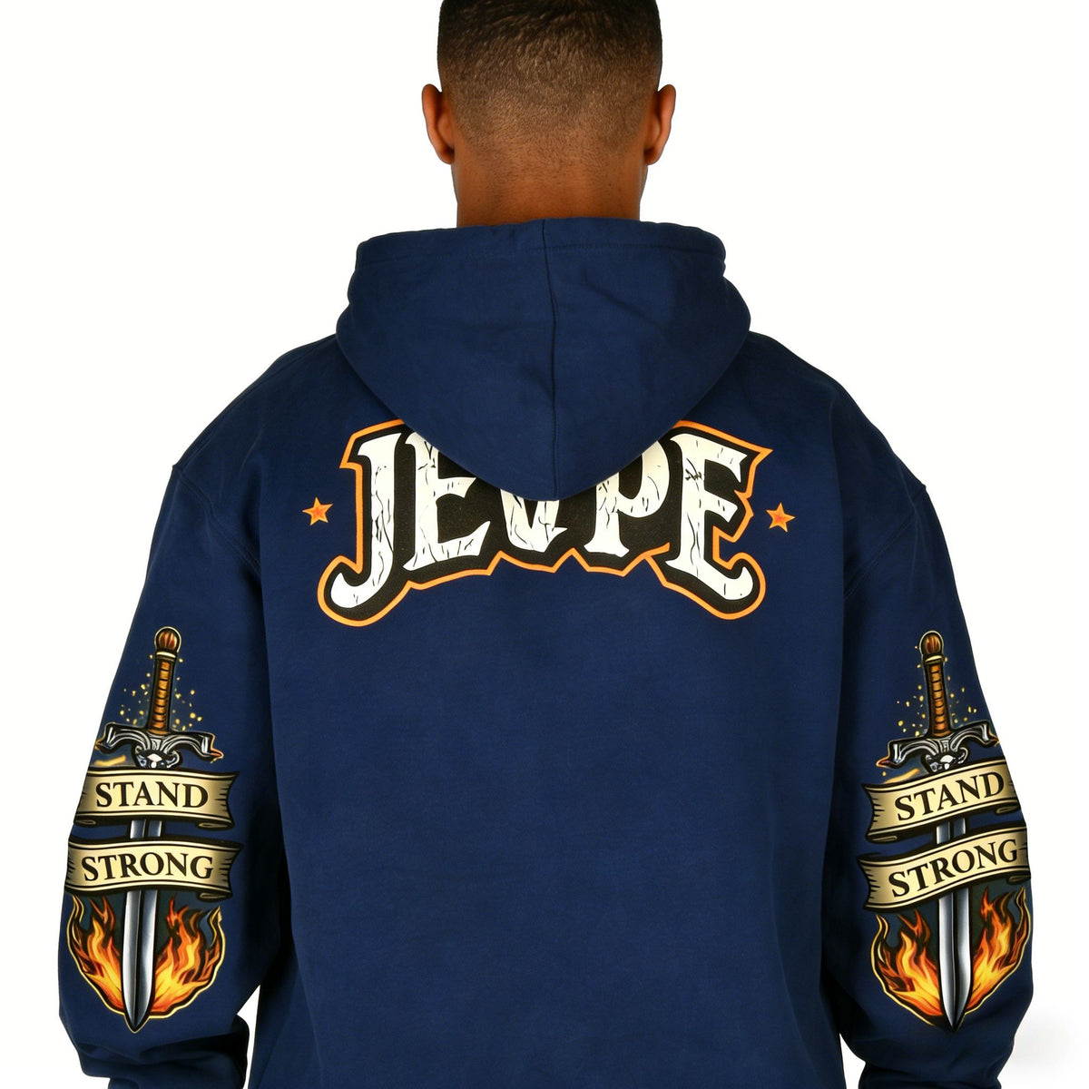 Men's navy oversized hoodie by JEVPE featuring a roaring lion graphic and "Hold The Line" slogan on the front.