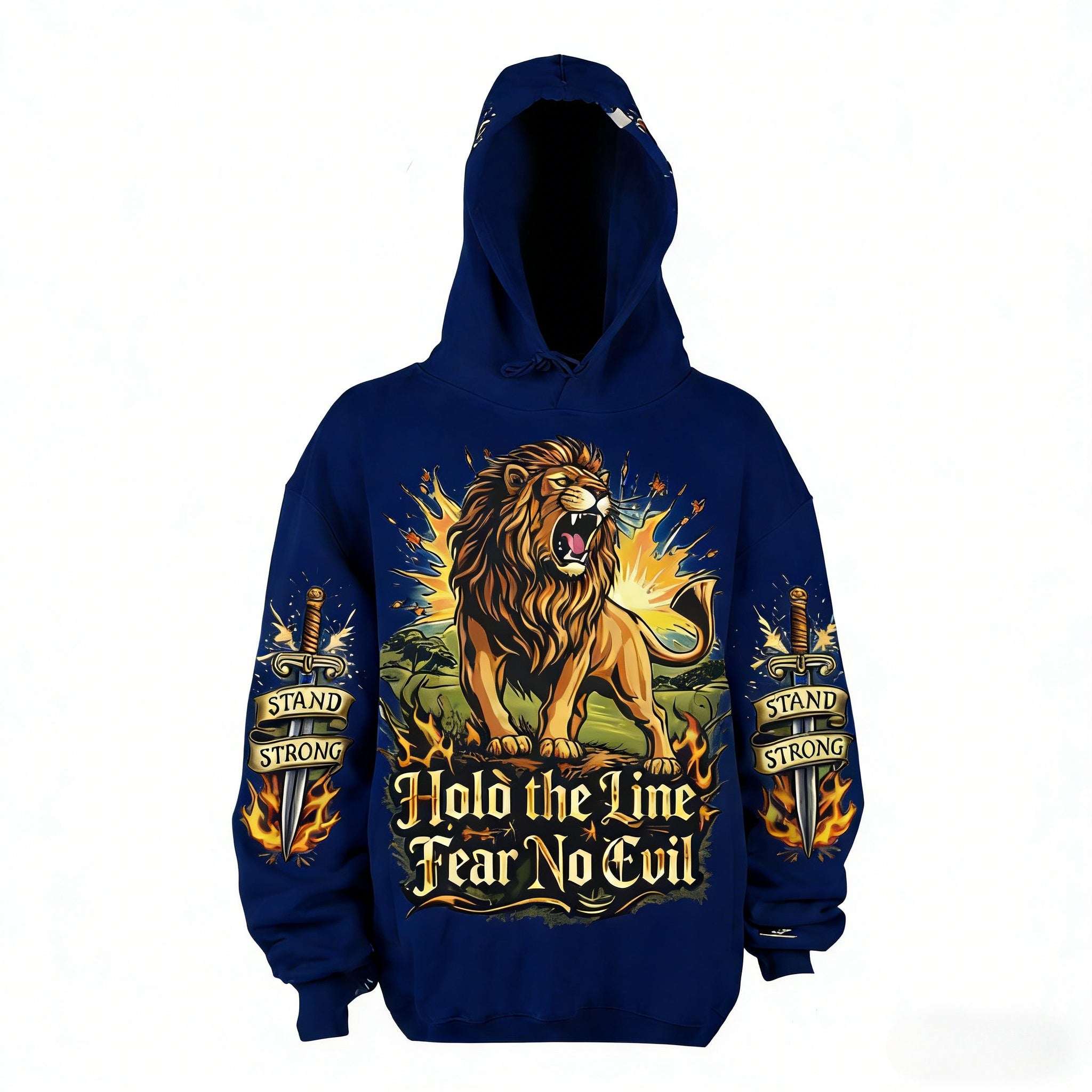 JEVPE men's oversized navy hoodie with roaring lion graphic and "Hold The Line" text, featuring a relaxed fit and bold design.
