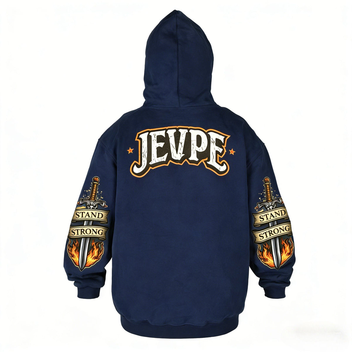 Men's oversized navy hoodie by JEVPE with a roaring lion graphic and "Hold The Line" slogan on the front.