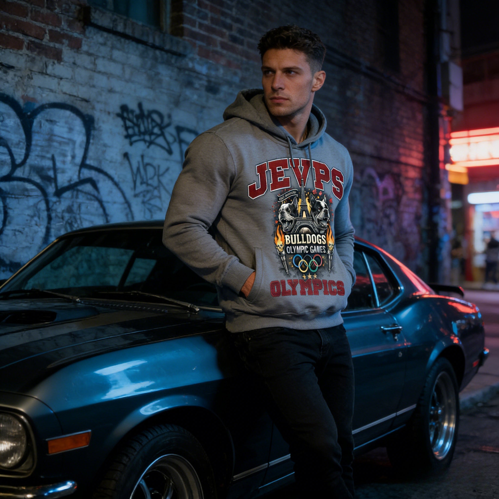 Gray oversized men's hoodie by JEVPE featuring a vintage French Bulldog Olympic Games streetwear design.