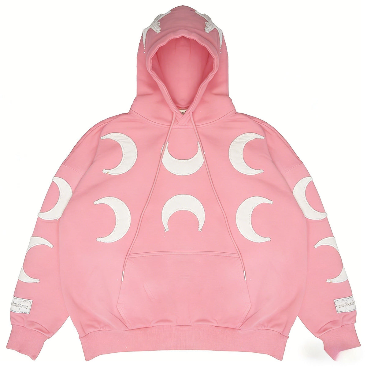 Pink oversized gothic hoodie with distressed crescent moon design by JEVPE, featuring a relaxed fit and bold style.