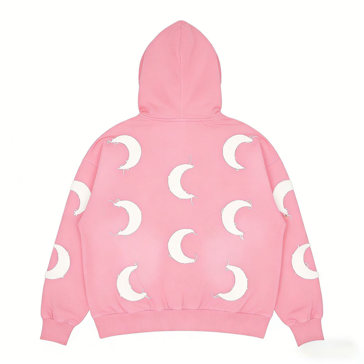 Pink oversized gothic hoodie with distressed crescent moon design from JEVPE, featuring a relaxed fit and bold style.