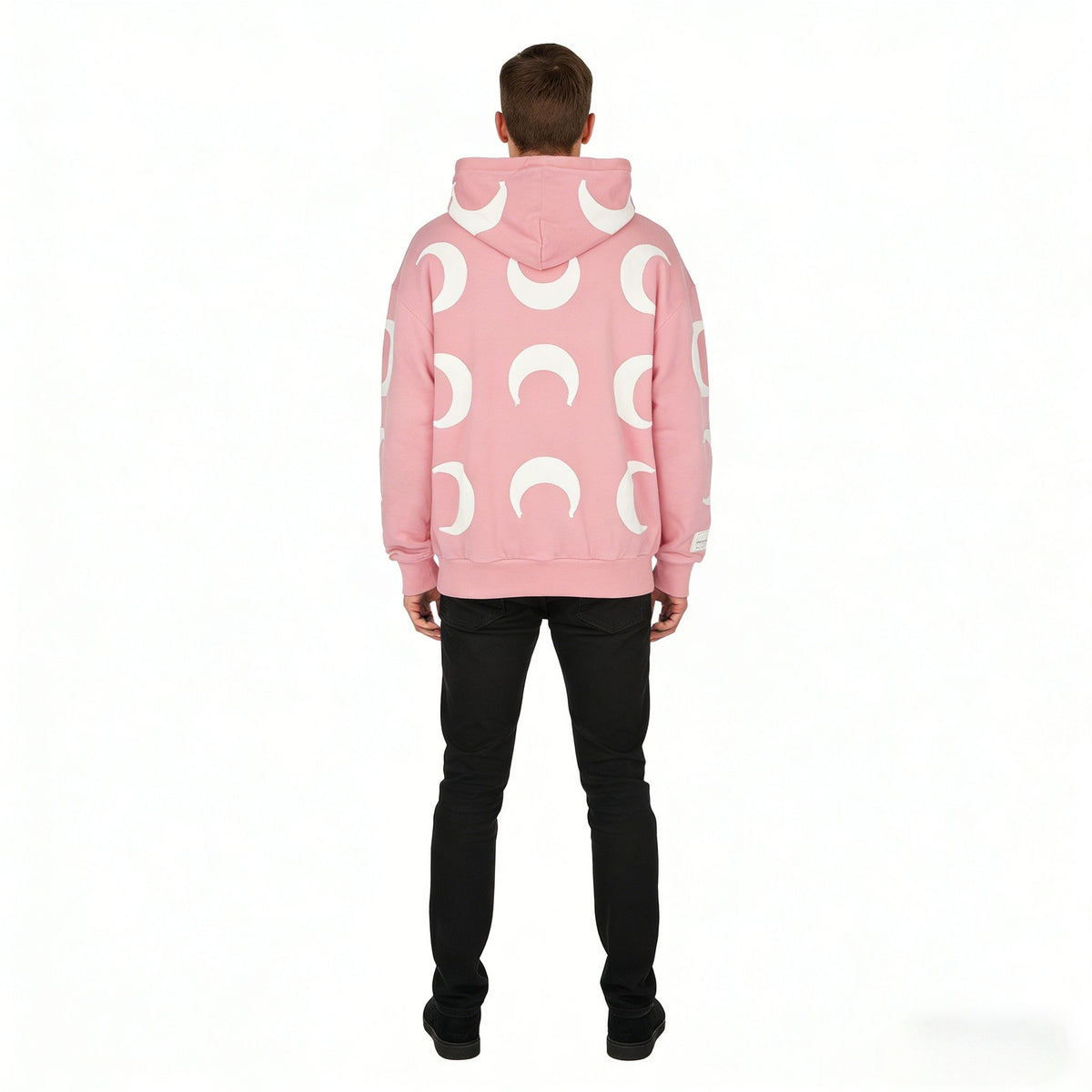 Pink oversized Gothic hoodie with distressed crescent moon design by JEVPE, featuring a relaxed fit and bold streetwear style.