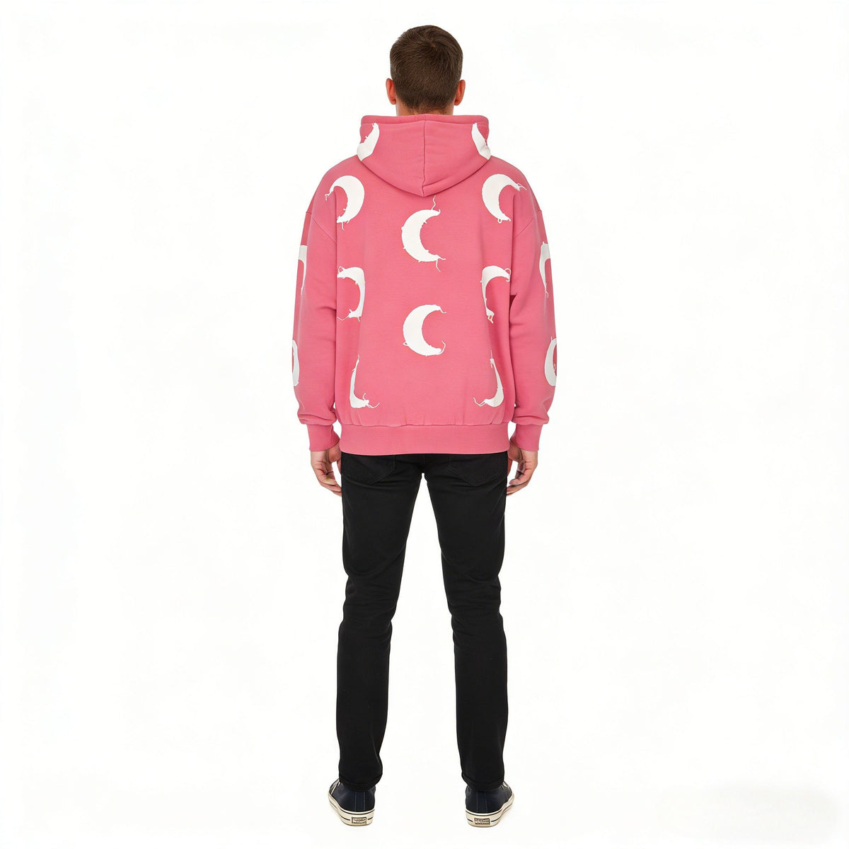 Pink distressed crescent moon gothic hoodie by JEVPE featuring oversized fit and gothic design, shown on a model.