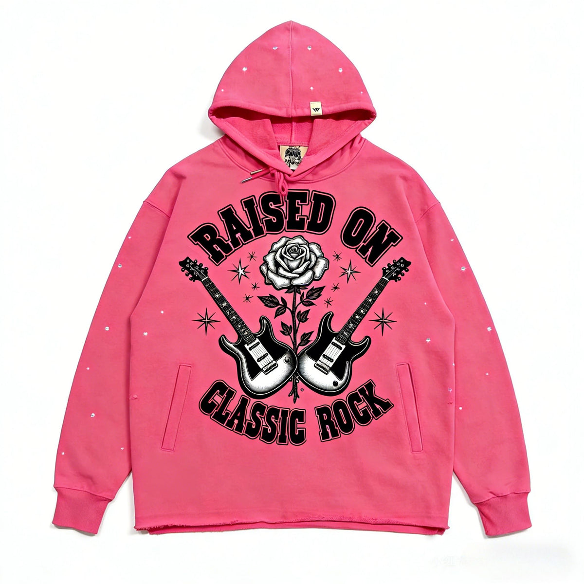 Pink oversized hoodie by JEVPE featuring a guitar rose graphic and "Raised On Classic Rock" text on the front.