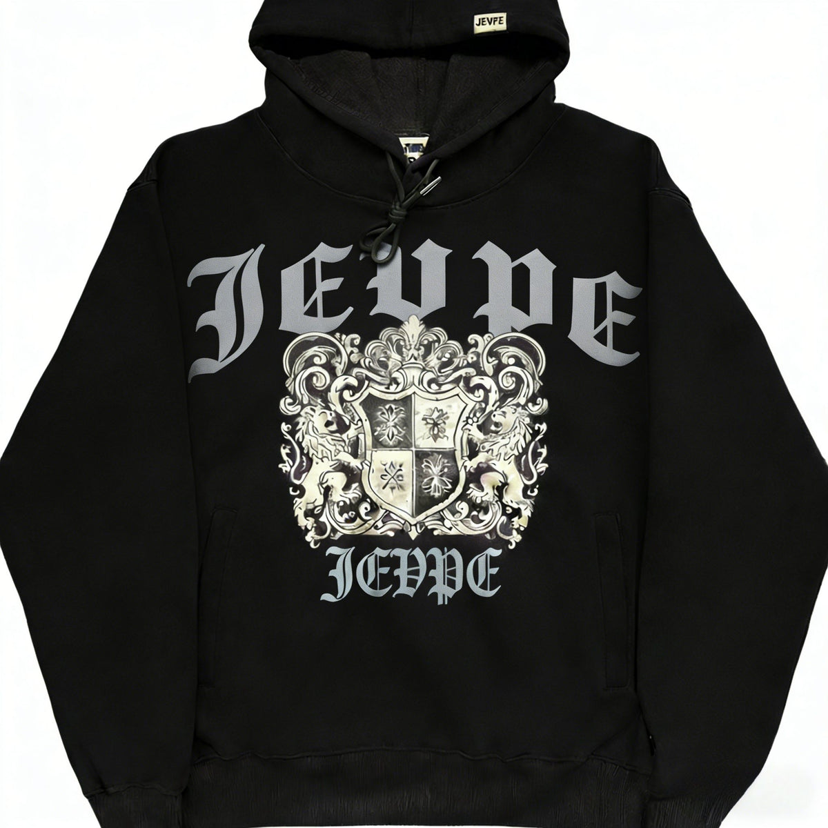 JEVPE men's oversized black gothic crest hoodie with vintage streetwear style, featuring a large crest graphic on the front.