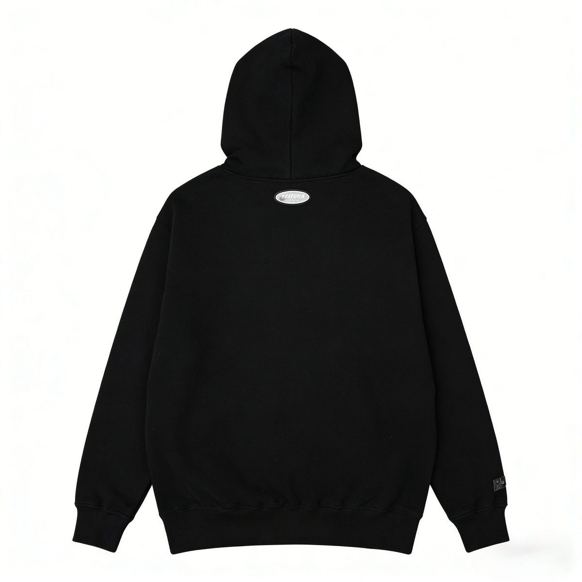 JEVPE men's oversized black Gothic crest hoodie with vintage streetwear style, featuring a bold crest graphic on the front.