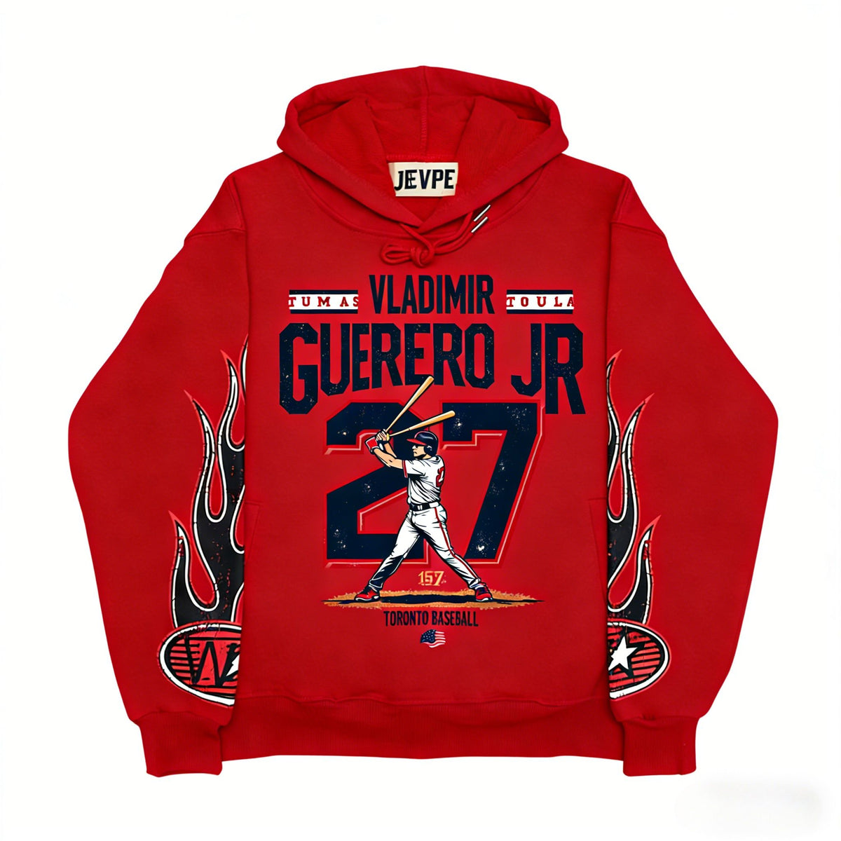 JEVPE men's oversized hoodie featuring Vladimir Guerrero Jr. Toronto baseball graphic in navy with front print.