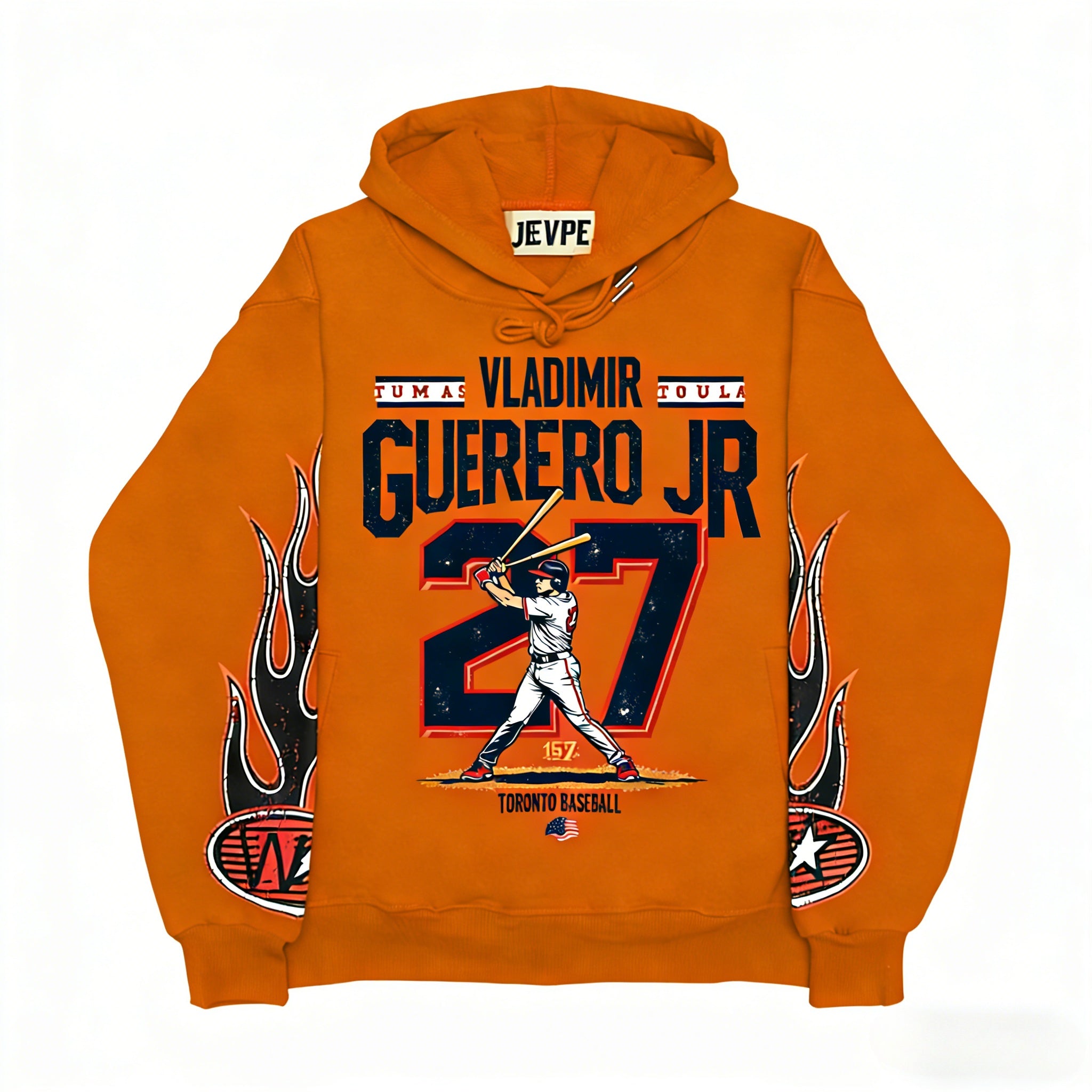 JEVPE Vladimir Guerrero Jr. Toronto baseball vintage streetwear pullover featuring team logo and player number 27 on front.
