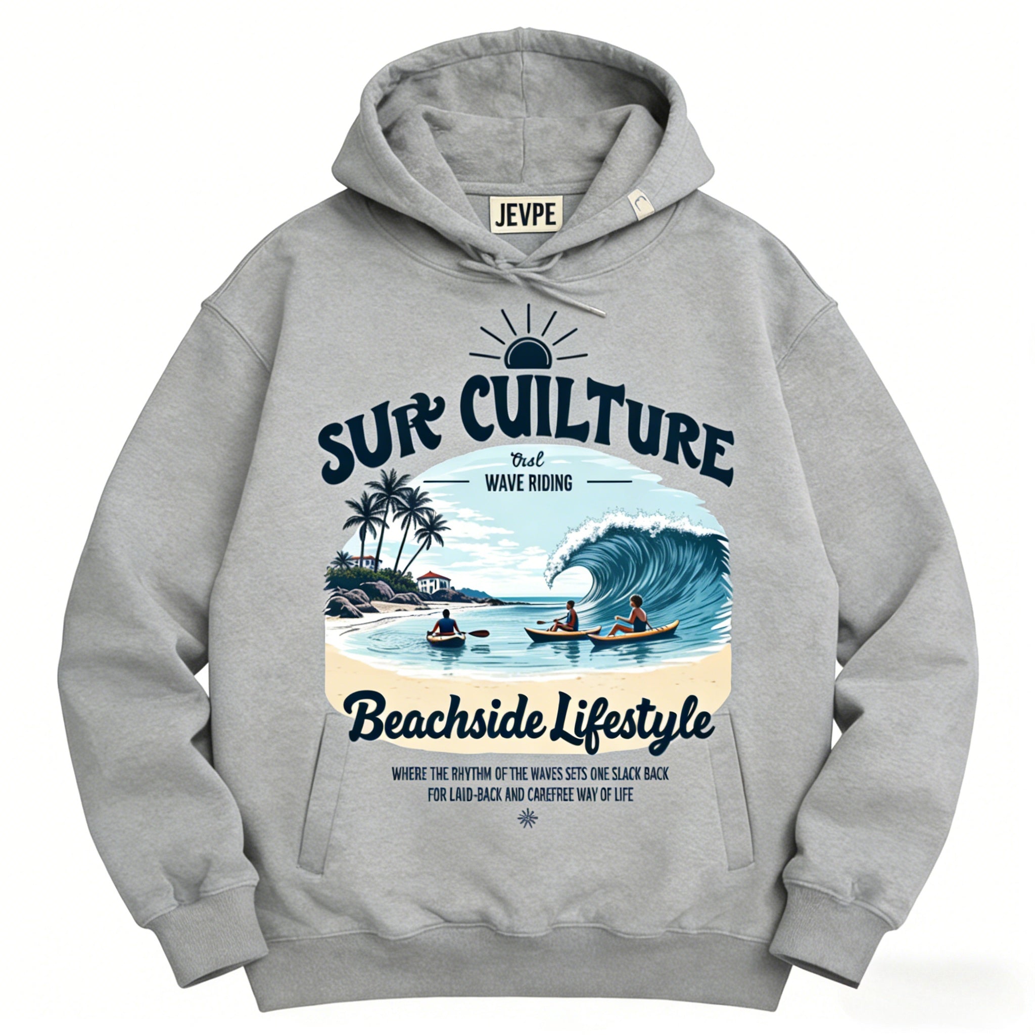 JEVPE men's oversized gray hoodie with surf culture graphic, ideal for beachside lifestyle and casual wear.