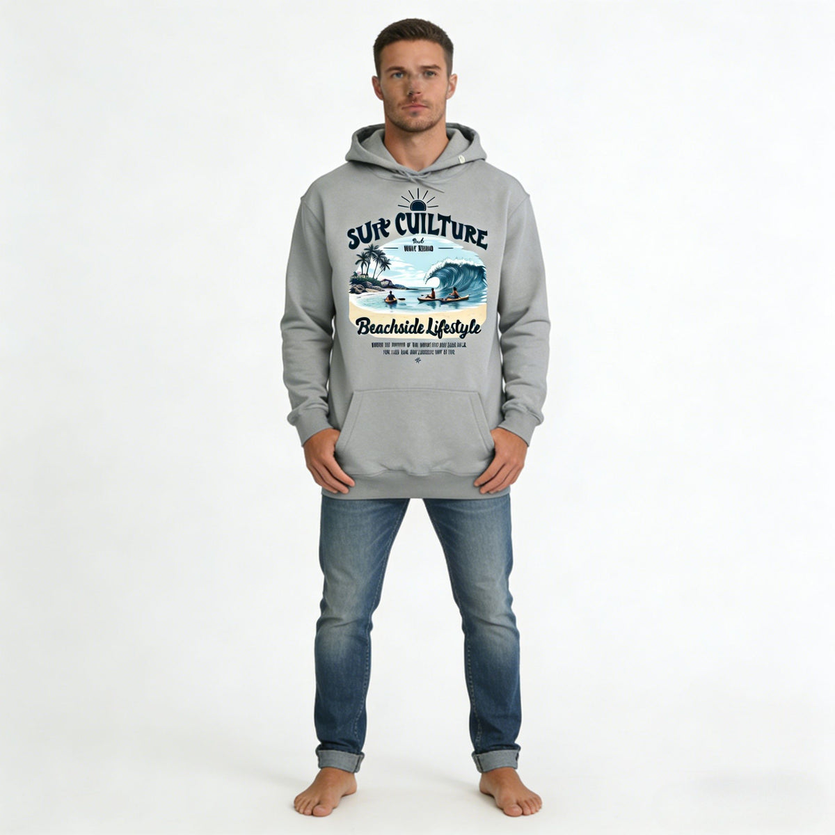 Gray oversized men's hoodie with surf culture graphic design, casual beachside lifestyle style by JEVPE.
