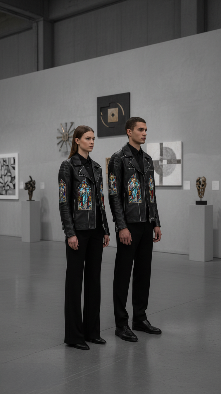 Jesus Stained Glass Studded Biker Leather Jacket | Black Gothic Streetwear Moto Coat