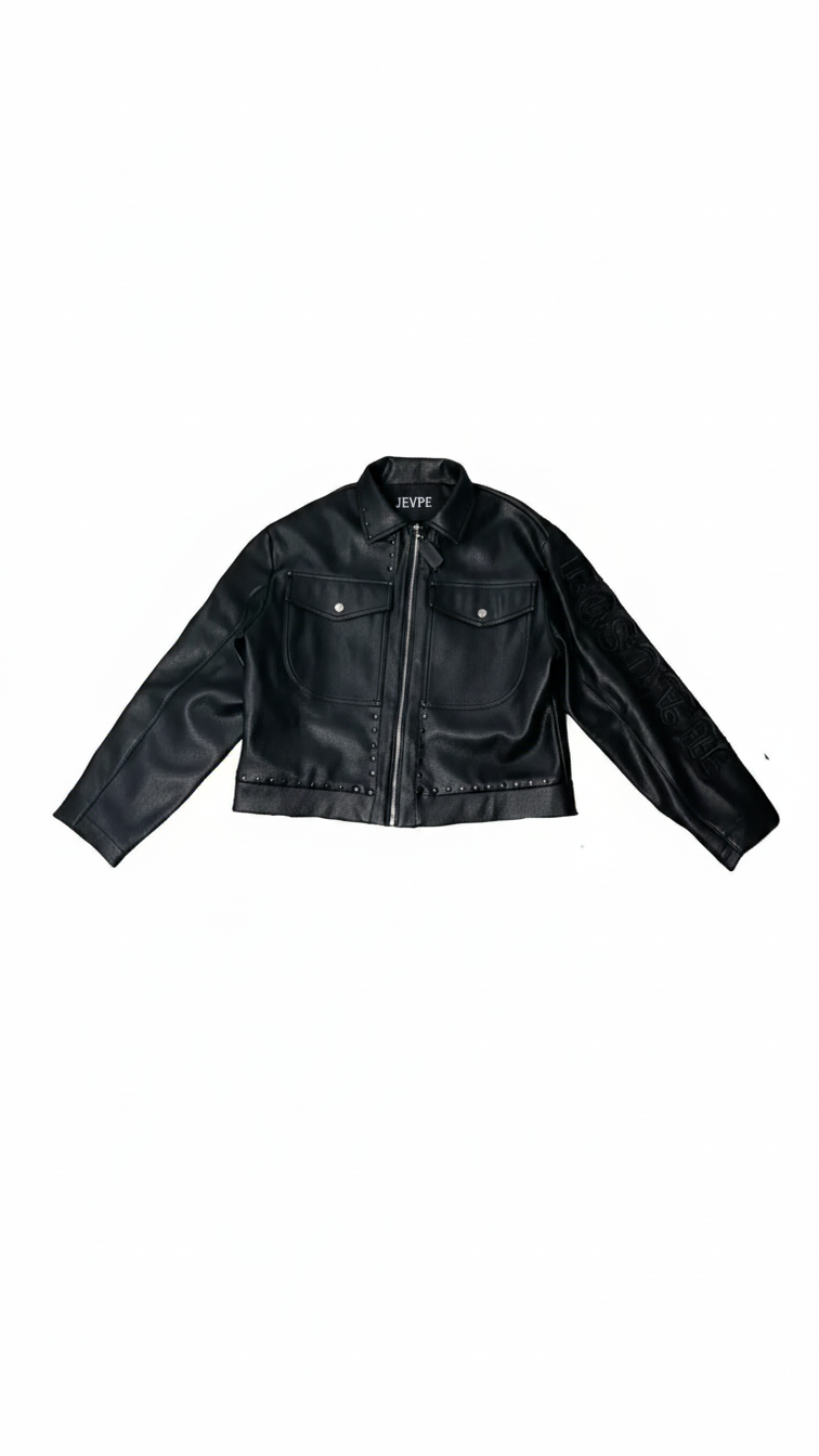 Black Gothic Studded Cropped Leather Jacket | Embossed Sleeve Streetwear Moto Coat