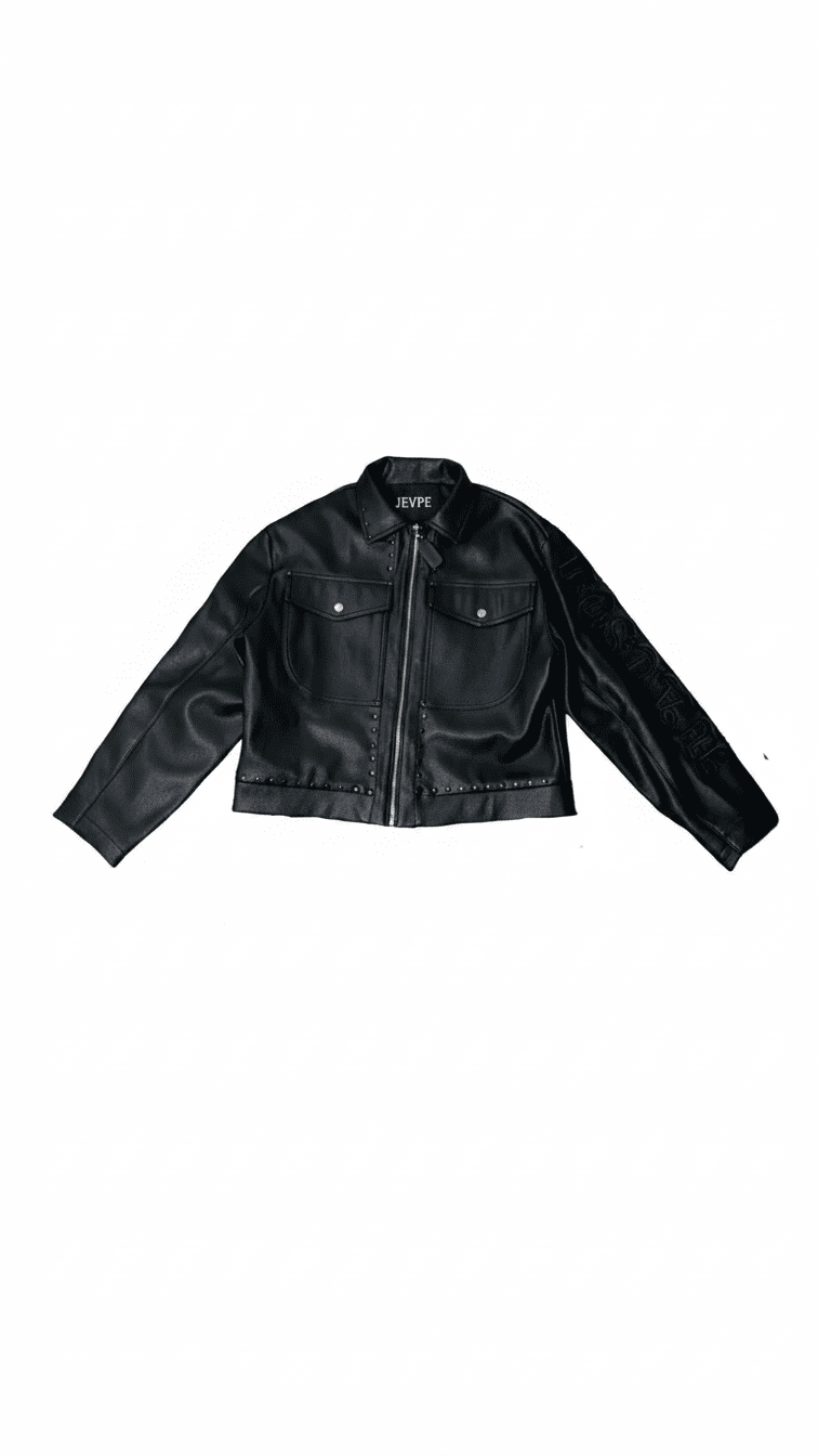 Black Gothic Studded Cropped Leather Jacket by JEVPE
