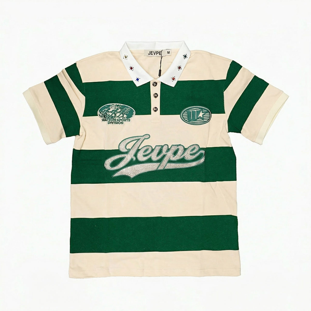 Men's vintage green and cream striped polo shirt by JEVPE with rhinestone embellishments, short sleeves, retro streetwear casual top