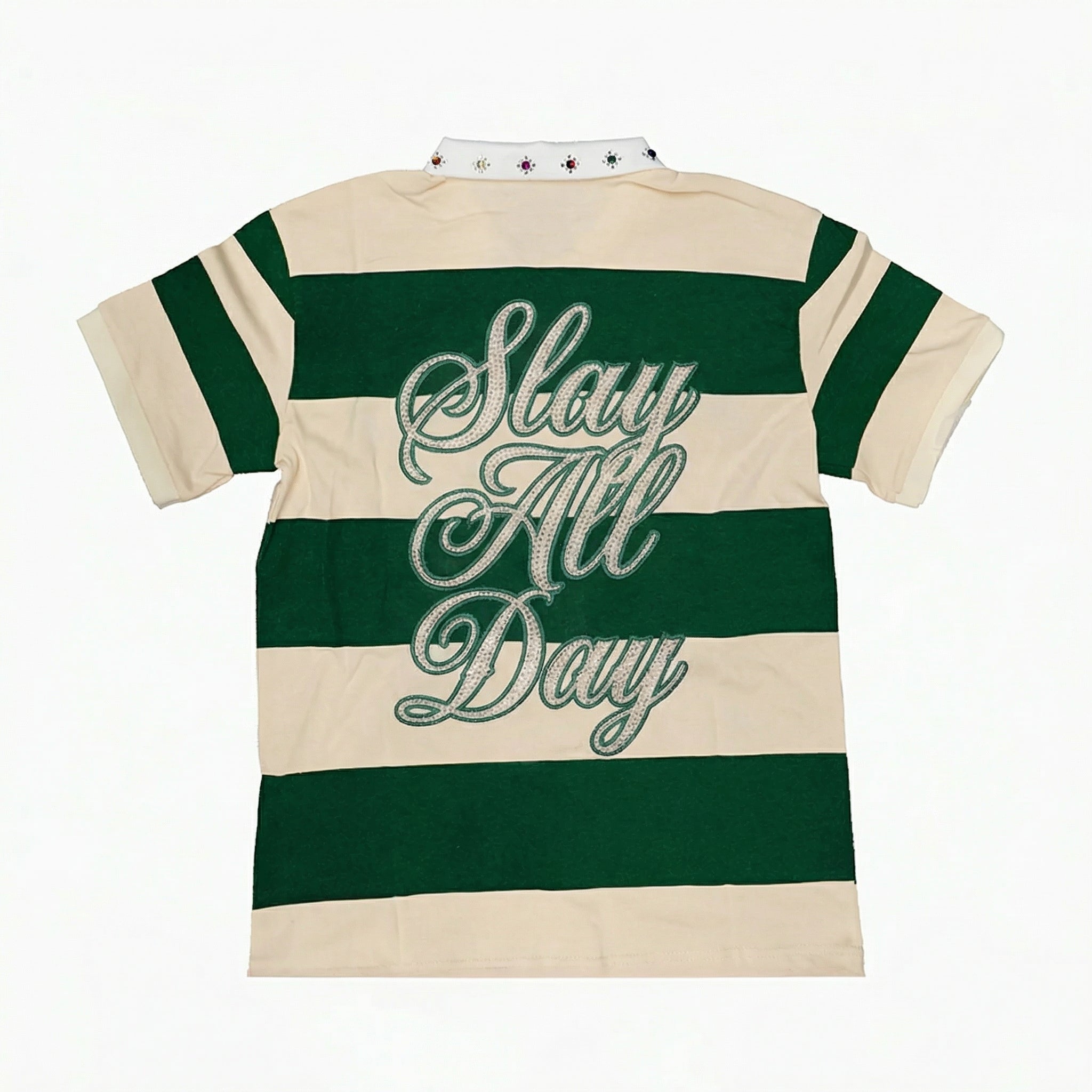 Men's vintage green and cream striped polo shirt by JEVPE featuring rhinestone embellishments and short sleeves, casual streetwear top