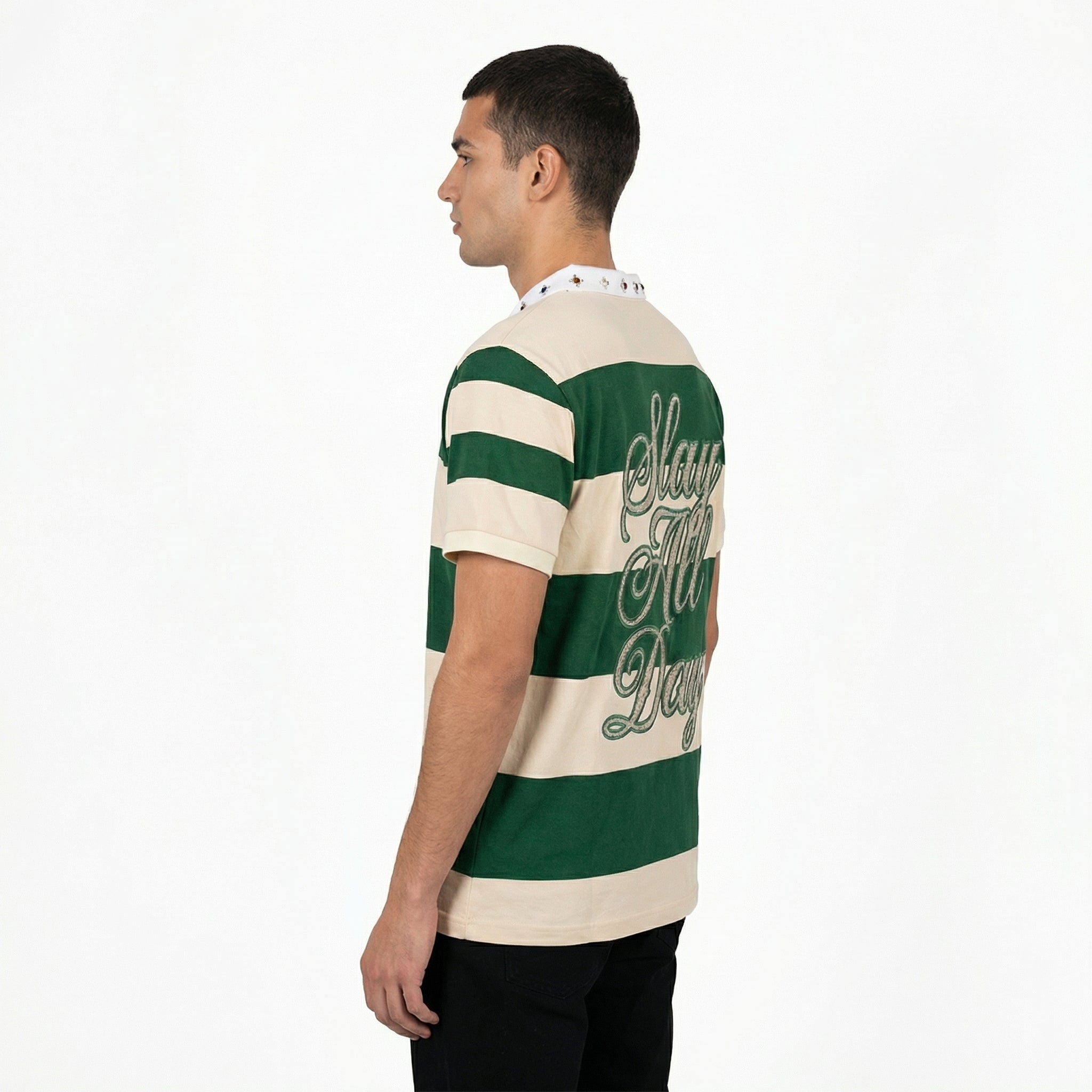 Men's vintage green and cream striped polo shirt by JEVPE with rhinestone embellishments, short sleeves, retro streetwear casual top