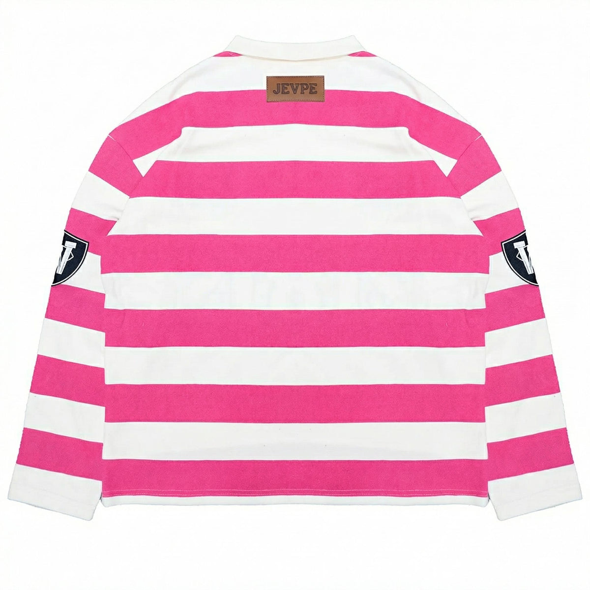 JEVPE men's pink and white striped rugby polo shirt with rhinestone embellishments, long sleeves, vintage streetwear style